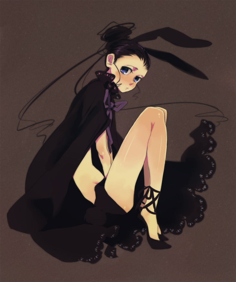 kazune (baumkuchen), waon, original, bad id, bad pixiv id, animal ears, blue eyes, cloak, hair bun, legs, rabbit ears, ribbon, single hair bun, sitting, solo