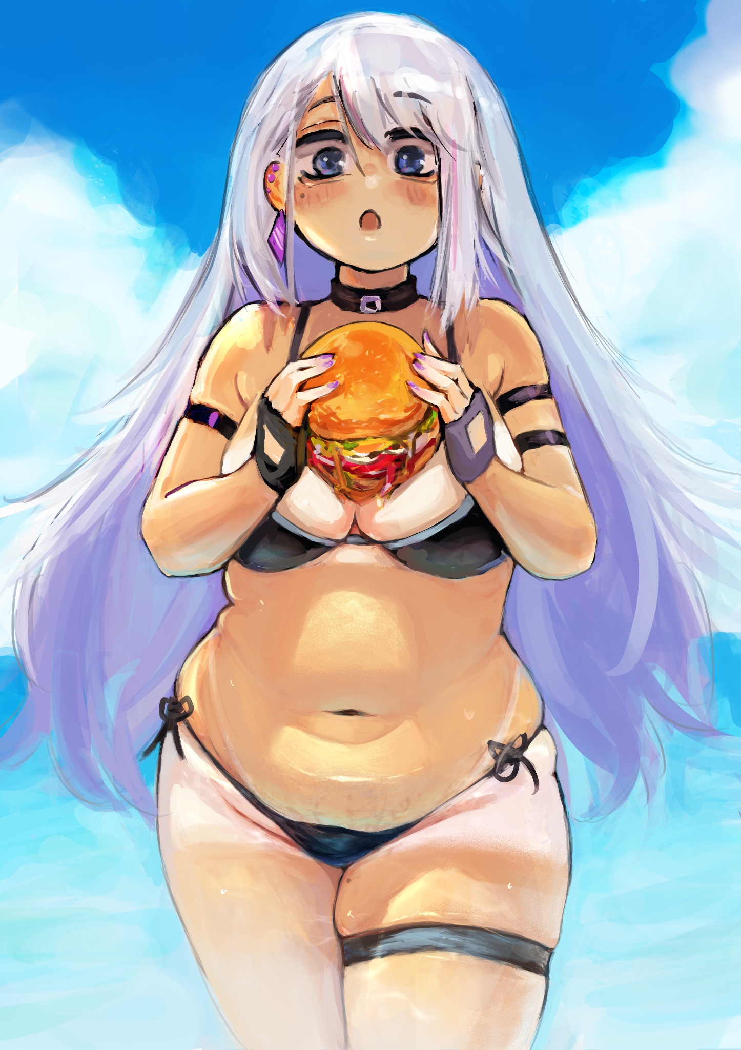 nao (gzyr5258), ember amane, phase connect, 1girl, armband, beach, bikini, black bikini, black choker, black gloves, blue eyes, breasts, burger, choker, cleavage, earrings, fingerless gloves, food, gloves, holding, holding food, jewelry, long hair, medium breasts, mole, mole on thigh, mole under eye, multicolored hair, multiple earrings, navel, ocean, open mouth, outdoors, pink hair, plump, purple nails, side-tie bikini bottom, skindentation, sky, solo, standing, streaked hair, swimsuit, tan, tanline, thick thighs, thigh strap, thighs, virtual youtuber, white hair