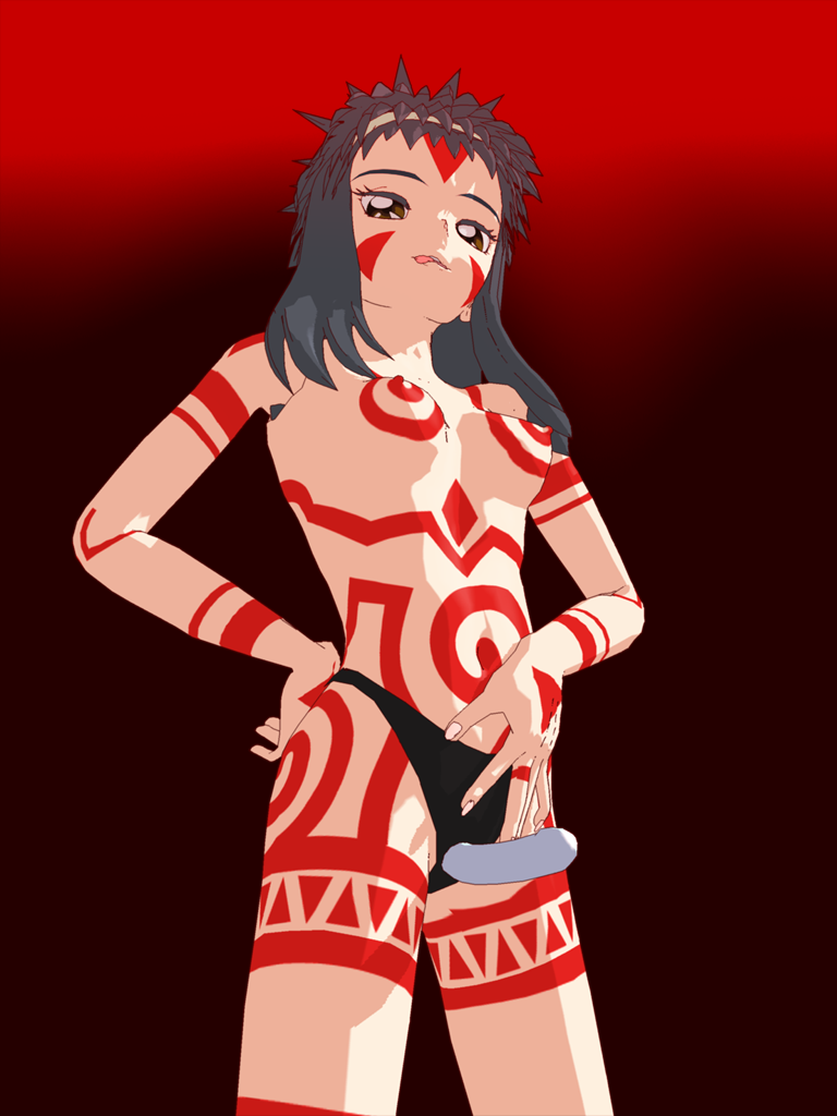 shimabara yuuhi, neo ranga, topless, 1990s (style), 1girl, 3d, :p, black hair, bodypaint, breasts, brown eyes, covered erect nipples, dildo, female focus, hand on own hip, headband, long hair, nipples, retro artstyle, sex toy, simple background, solo, strap-on, tongue, tongue out