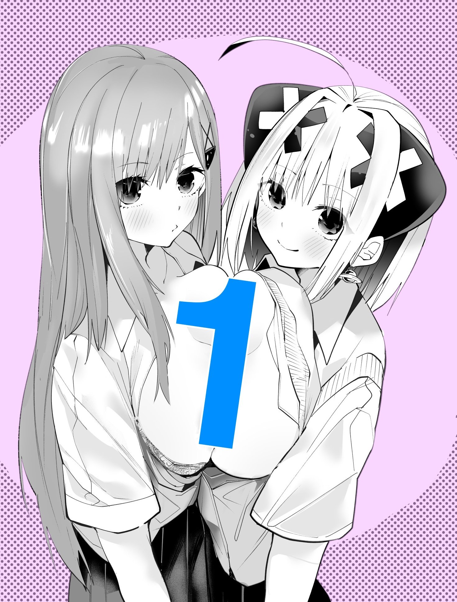 sawada kou, nano (yumene connect), saeki momoka, yumene connect, highres, official art, 2girls, ahoge, areola slip, blush, bra, bra pull, breast press, breasts, breasts out, cleavage, clothes pull, collarbone, convenient censoring, earrings, greyscale, hair ornament, jewelry, large breasts, long hair, looking at viewer, monochrome, multiple girls, no bra, open clothes, open shirt, pink background, planet earrings, school uniform, shirt, sidelocks, simple background, skirt, symmetrical docking, underwear, vest, vest lift, white shirt, x hair ornament