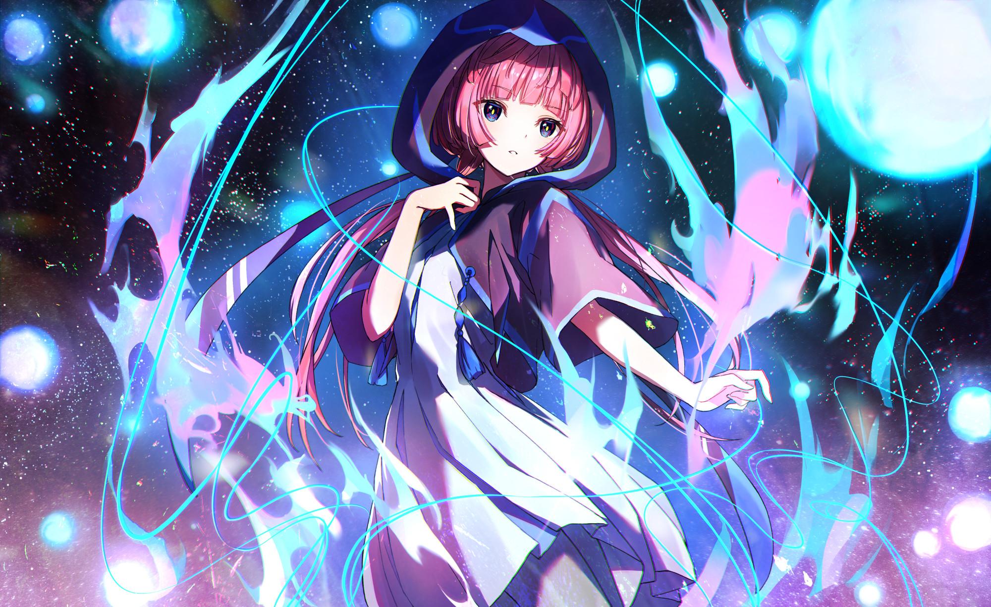 cosmos (cos mos f), kaf (kamitsubaki studio), kamitsubaki studio, commentary, highres, 1girl, blue eyes, blue hoodie, chromatic aberration, dress, hood, hoodie, long hair, parted lips, pink hair, short sleeves, sky, solo, star (sky), starry sky, tassel, virtual youtuber, white dress, yellow pupils