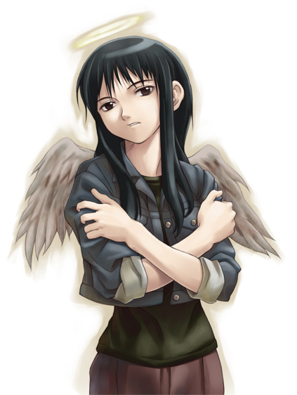 jumpei, reki (haibane renmei), haibane renmei, 00s, 1girl, angel wings, black hair, brown eyes, female focus, halo, jacket, long hair, looking at viewer, simple background, sleeves rolled up, solo, traditional halo, upper body, white background, wings