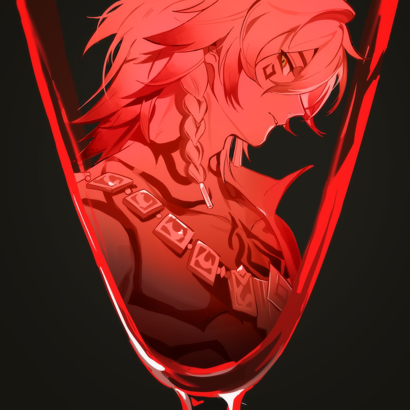 mydei (honkai: star rail), honkai: star rail, honkai (series), commentary, highres, 1boy, black background, blonde hair, braid, chest tattoo, coat, facial tattoo, from side, gold necklace, gradient hair, hair between eyes, hazozoyaku, jewelry, looking at viewer, male focus, medium hair, multicolored hair, neck tattoo, necklace, open clothes, open coat, profile, red hair, red tattoo, side braid, sideways glance, simple background, solo, tattoo