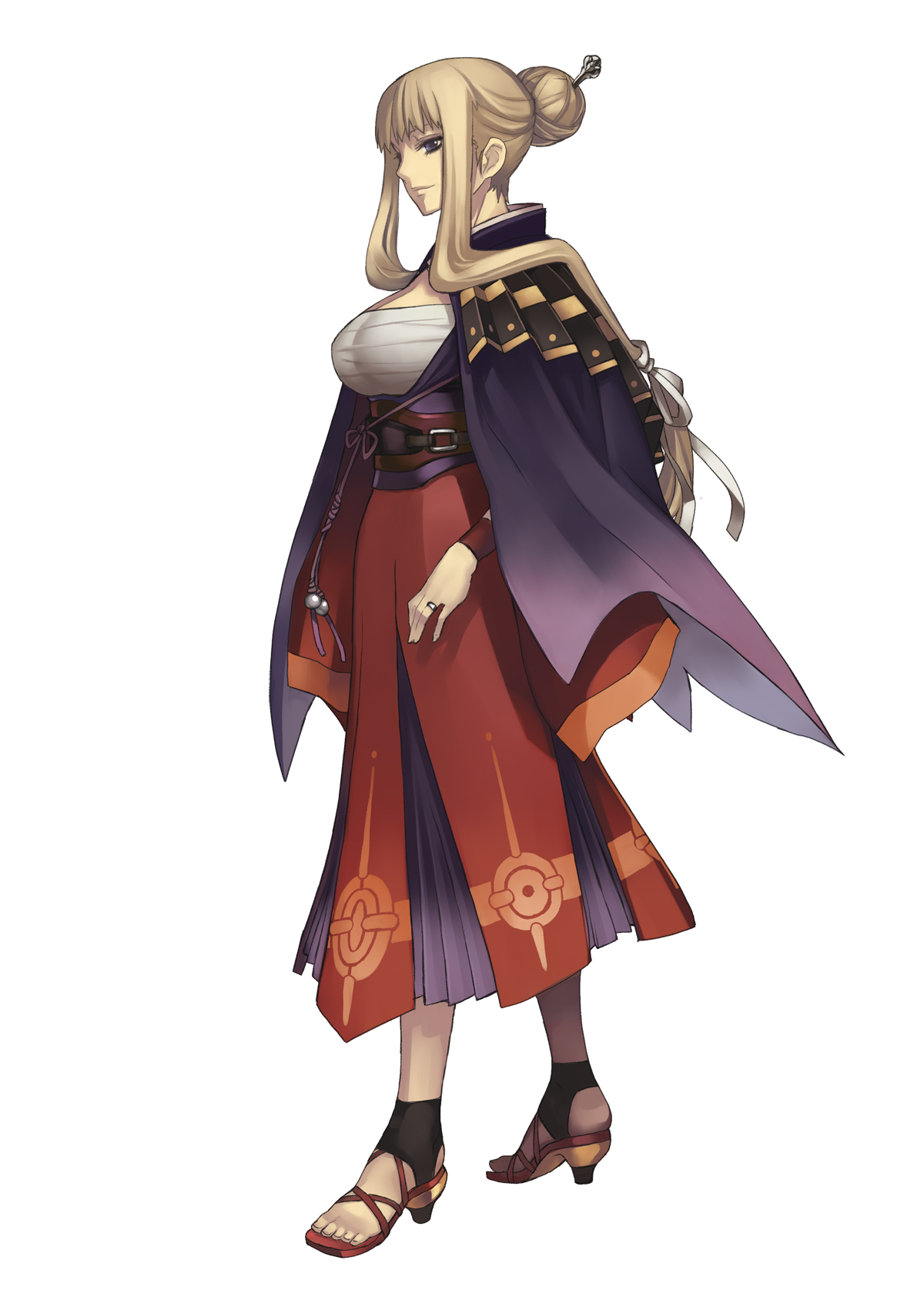 nagi ryou, reisha truelywaath, ar tonelico, ar tonelico ii, gust, highres, official art, 00s, 1girl, blonde hair, breasts, eyelashes, female focus, full body, hair bun, high heel sandals, high heels, long hair, low-tied long hair, sandals, shoes, simple background, single hair bun, solo, standing, white background