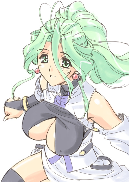 magaki ryouta, original, breasts, cleavage, green eyes, green hair, large breasts, solo
