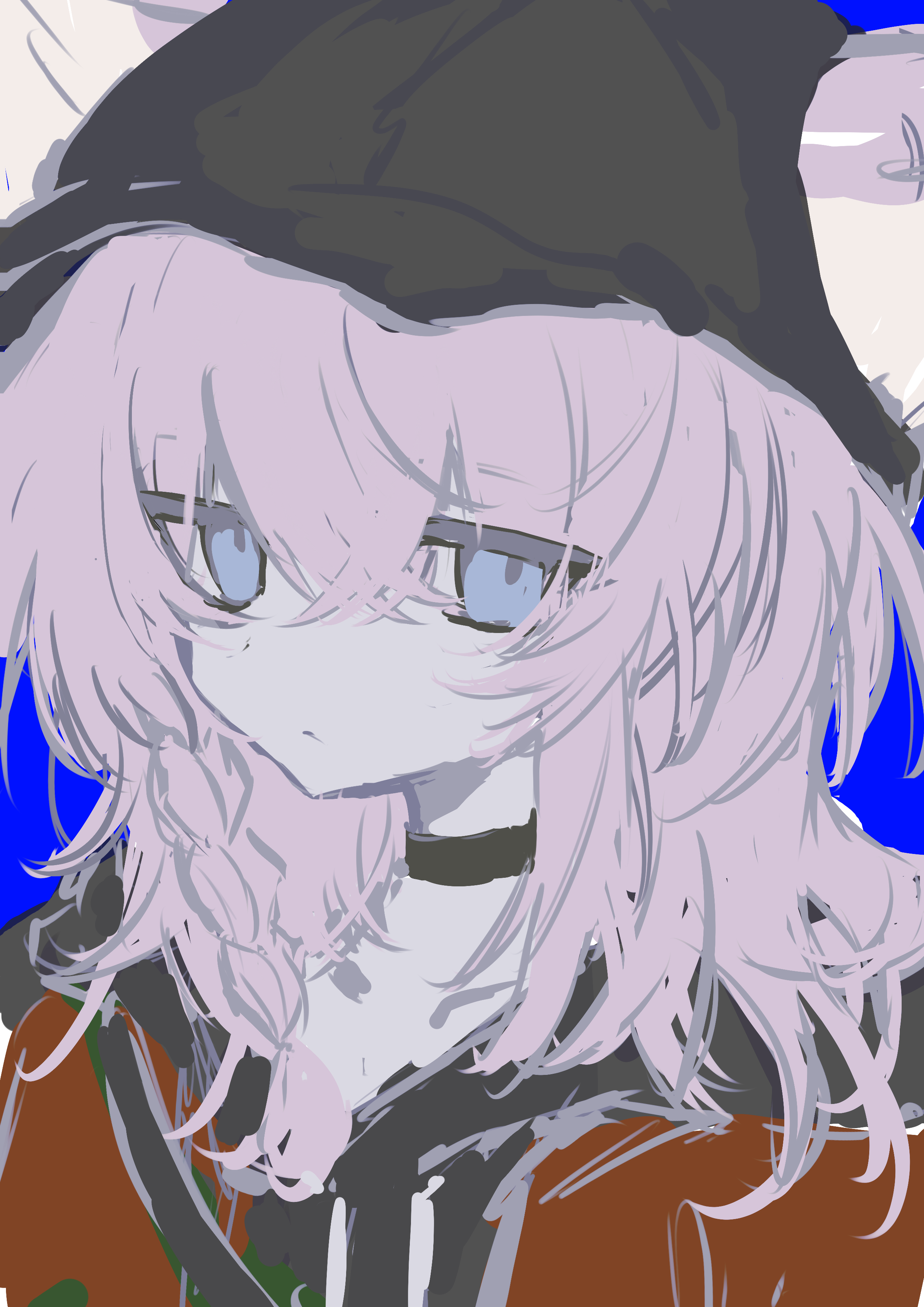 sussurro (arknights), sussurro (travel freely) (arknights), arknights, absurdres, highres, 1girl, animal ears, black choker, black hat, blue background, blue eyes, braid, choker, close-up, ears through headwear, fox ears, fox girl, grey hair, hair between eyes, hat, jacket, kuguatang54602, light frown, looking at viewer, messy hair, red jacket, single braid, solo, upper body