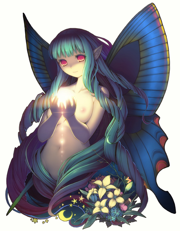 cruccu, bad id, bad pixiv id, 1girl, breasts, butterfly wings, drill hair, female focus, flower, green hair, insect wings, lily (flower), long hair, medium breasts, nipples, nude, pointy ears, red eyes, solo, very long hair, wings