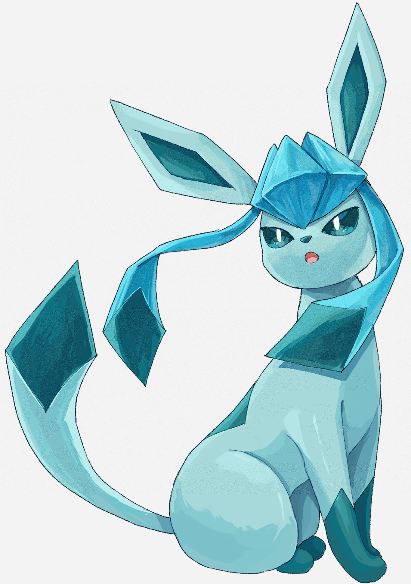 i my mo55, glaceon, nintendo, pokemon, highres, animal focus, blue eyes, blue fur, blue sclera, colored sclera, full body, gen 4 pokemon, no humans, open mouth, pokemon (creature), pokemon focus, simple background, solo, tail, white background