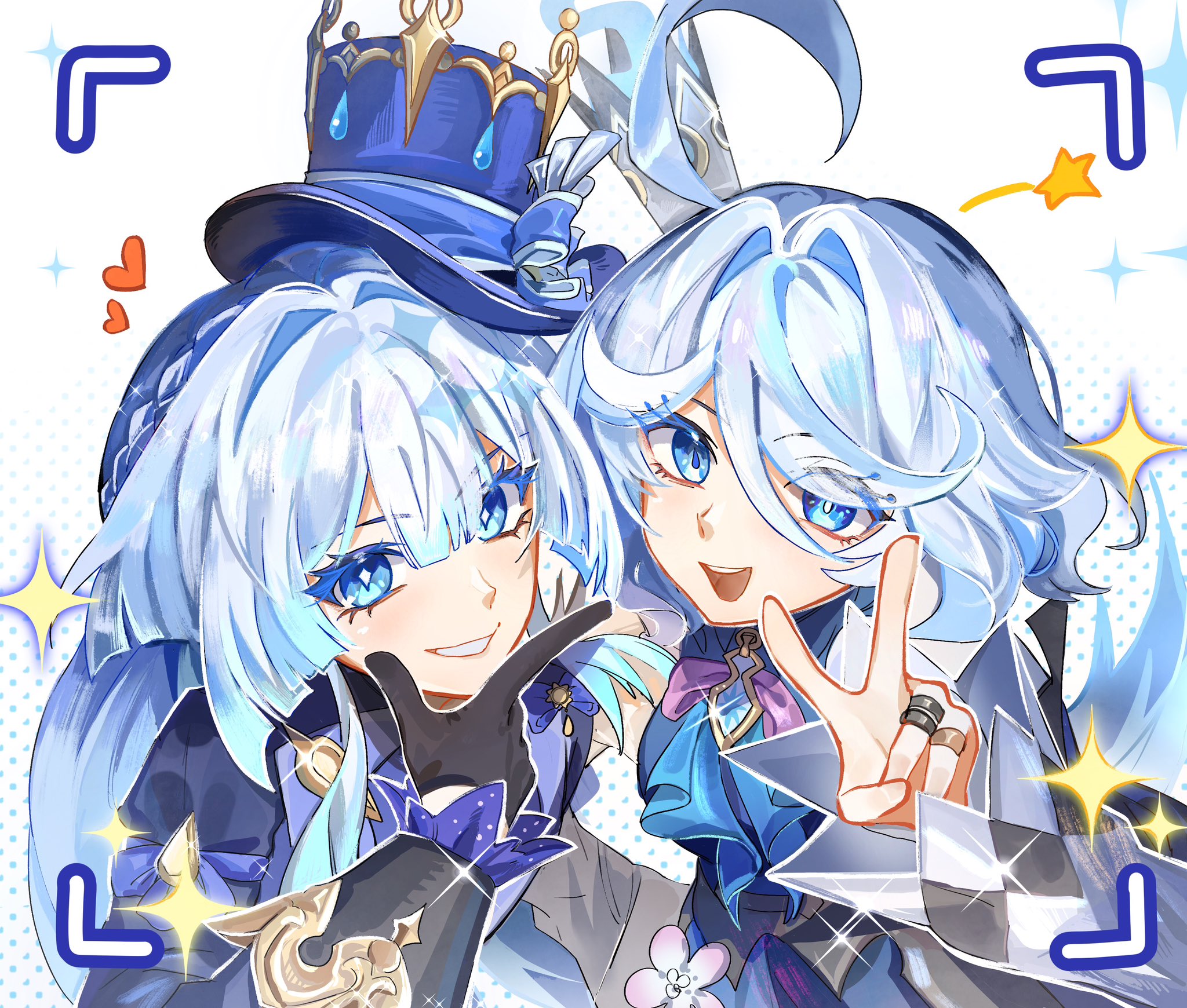 cerydra (honkai: star rail), furina (genshin impact), genshin impact, honkai: star rail, honkai (series), mihoyo, commentary, english commentary, highres, 2girls, ahoge, black gloves, blue dress, blue eyes, blue hair, cerydra (honkai: star rail) (cosplay), color connection, company connection, cosplay, costume switch, crown, dress, furina (genshin impact) (cosplay), gloves, hair color connection, hat, heterochromia, huge ahoge, jewelry, long hair, multiple girls, open mouth, ring, smile, top hat, v, viewfinder, viviwi, white background