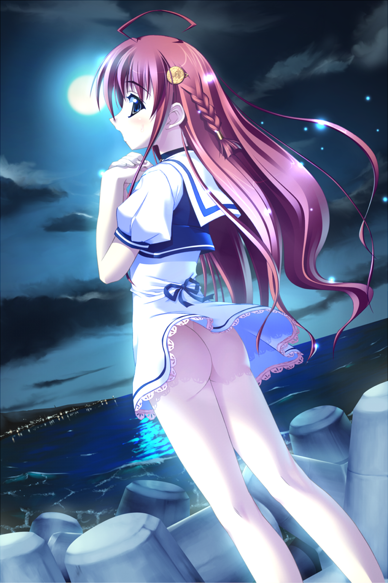 yamino kenji, asanagi mio, asanagi no aquanauts, highres, source request, 1girl, ass, blue eyes, dutch angle, female focus, long hair, moon, night, night sky, no panties, red hair, school uniform, serafuku, sky, solo, water, wind, wind lift