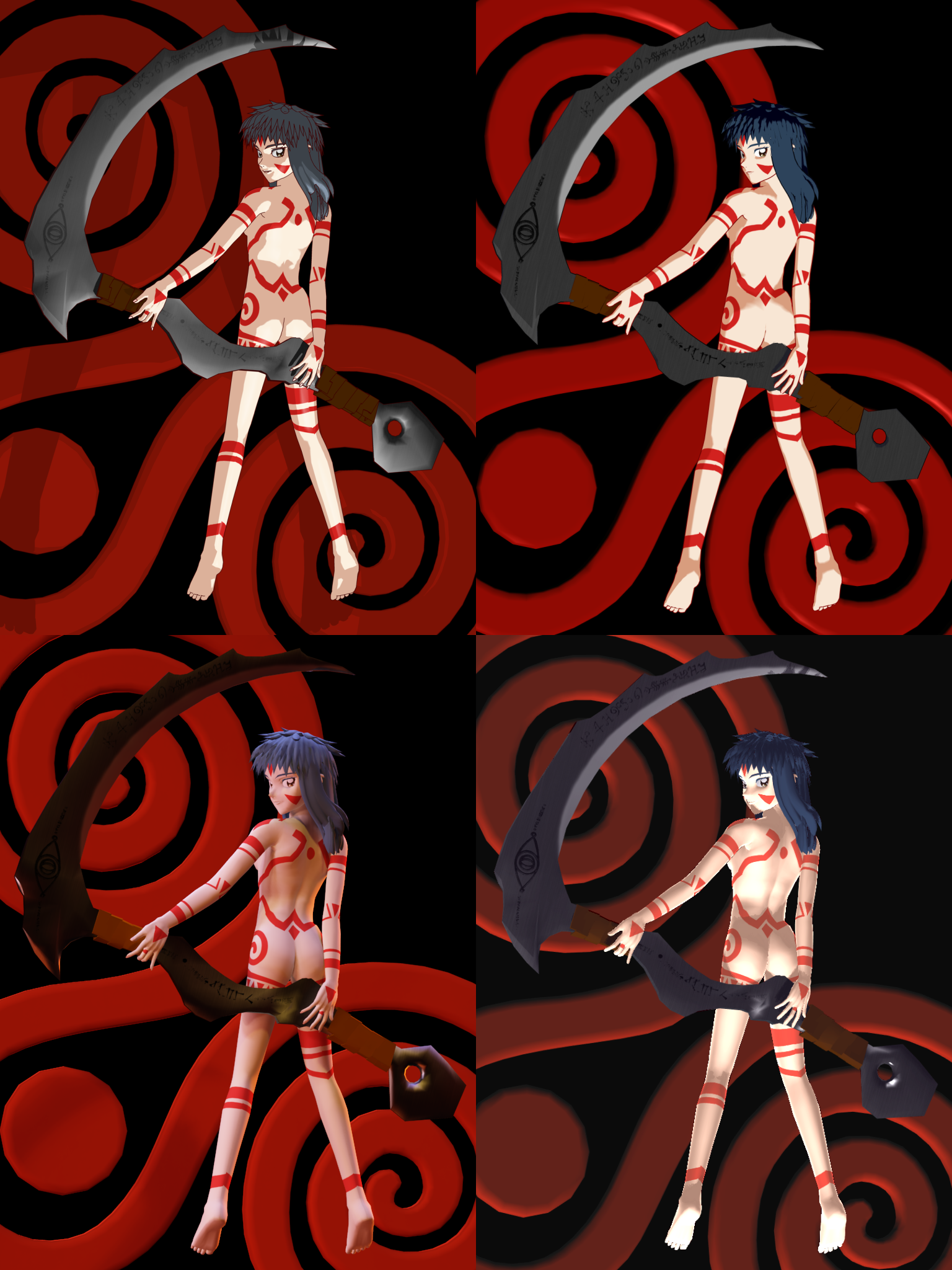 shimabara yuuhi, neo ranga, highres, 1990s (style), 1girl, 3d, bodypaint, loli, naked paint, nude, retro artstyle, scythe, tattoo