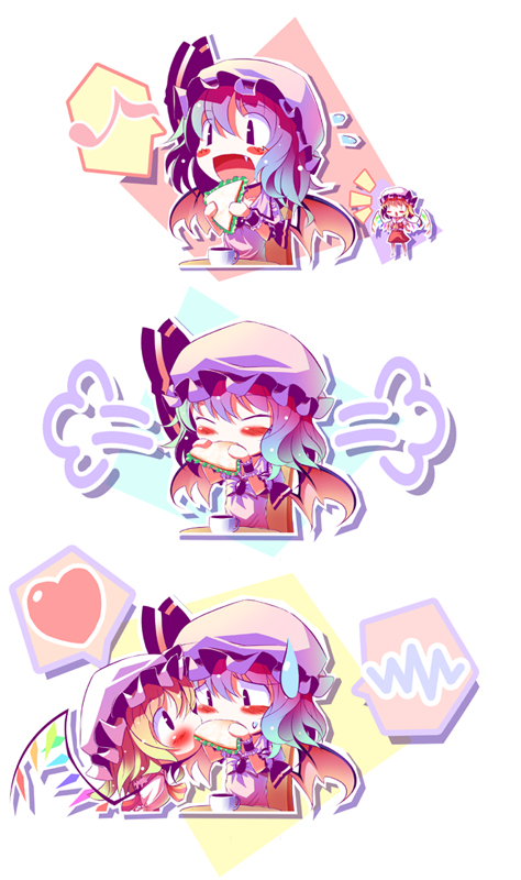 takahero, flandre scarlet, remilia scarlet, touhou, duplicate, 2girls, ^^^, bat wings, blonde hair, blush, chibi, closed eyes, eating, fang, female focus, food, hat, heart, multiple girls, musical note, open mouth, quaver, sandwich, short hair, siblings, sisters, spoken heart, spoken musical note, sweatdrop, wings