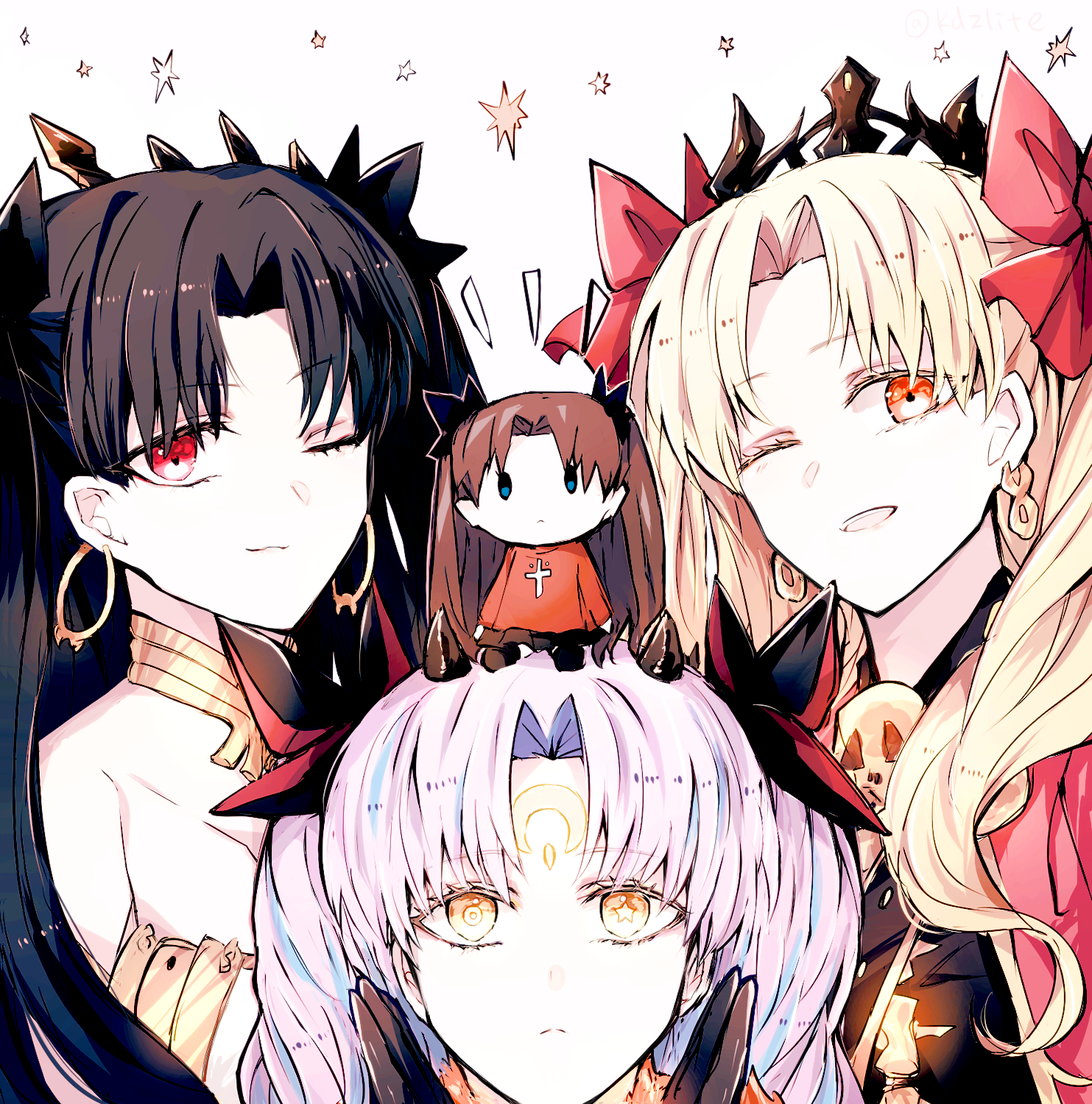 sodamachi, ereshkigal (fate), ishtar (fate), space ishtar (astarte origin) (fate), space ishtar (fate), tohsaka rin, fate/grand order, fate (series), commentary, highres, 3girls, black gloves, black hair, black ribbon, black skirt, blonde hair, blue eyes, blue hair, character doll, closed mouth, cross, cross print, doll, dual persona, earrings, expressionless, facial mark, forehead mark, gloves, grin, hair ribbon, hoop earrings, jewelry, looking at viewer, multiple girls, one eye closed, red eyes, red ribbon, red sweater, ribbon, skirt, smile, sweater, twintails, yellow eyes