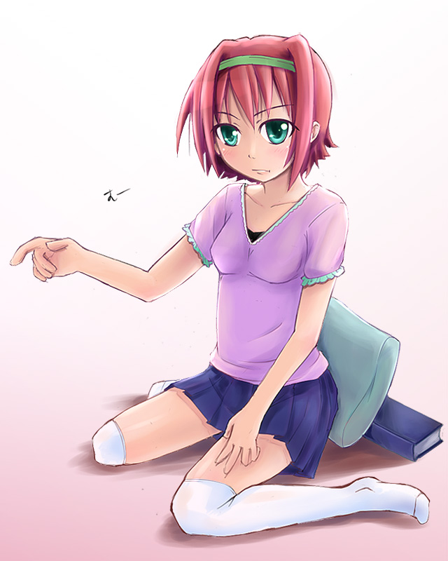 original, 1girl, black skirt, collarbone, female focus, full body, green eyes, hair intakes, hairband, looking at viewer, pink hair, pleated skirt, shirt, short hair, short sleeves, sitting, skirt, solo, t-shirt, thighhighs, wariza, white thighhighs, zettai ryouiki