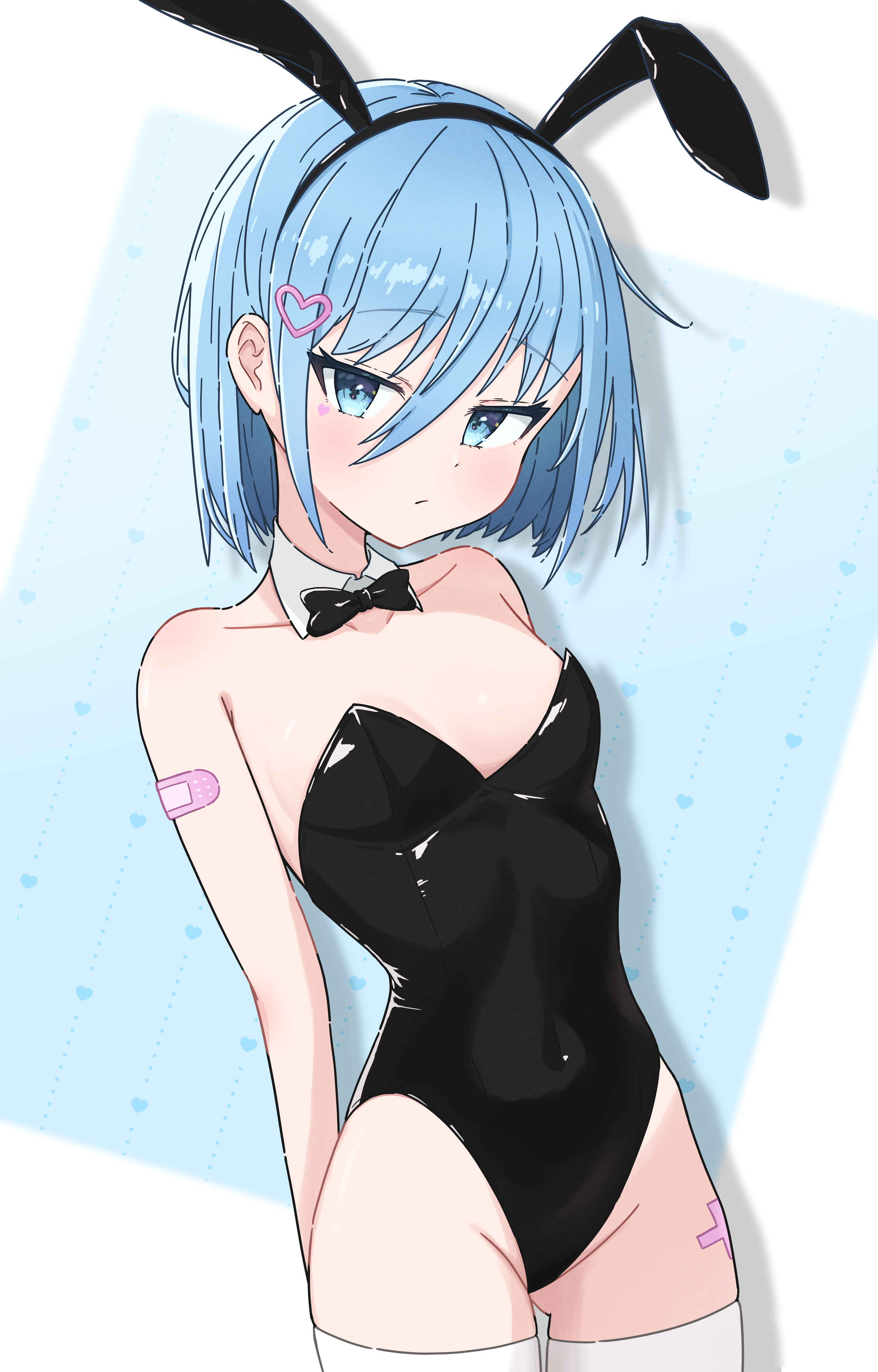 original, absurdres, highres, 1girl, animal ear hairband, animal ears, bandaid, bandaid on arm, black bow, black bowtie, black leotard, blue background, blue eyes, blue hair, bow, bowtie, breasts, detached collar, fake animal ears, hairband, leotard, playboy bunny, rabbit ears, short hair, small breasts, solo, strapless, strapless leotard, terachro, thighhighs, two-tone background, white thighhighs