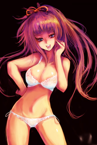 kara (color), bad id, bad pixiv id, lowres, 1girl, bra, breasts, cleavage, female focus, large breasts, lingerie, panties, red hair, solo, underwear, underwear only