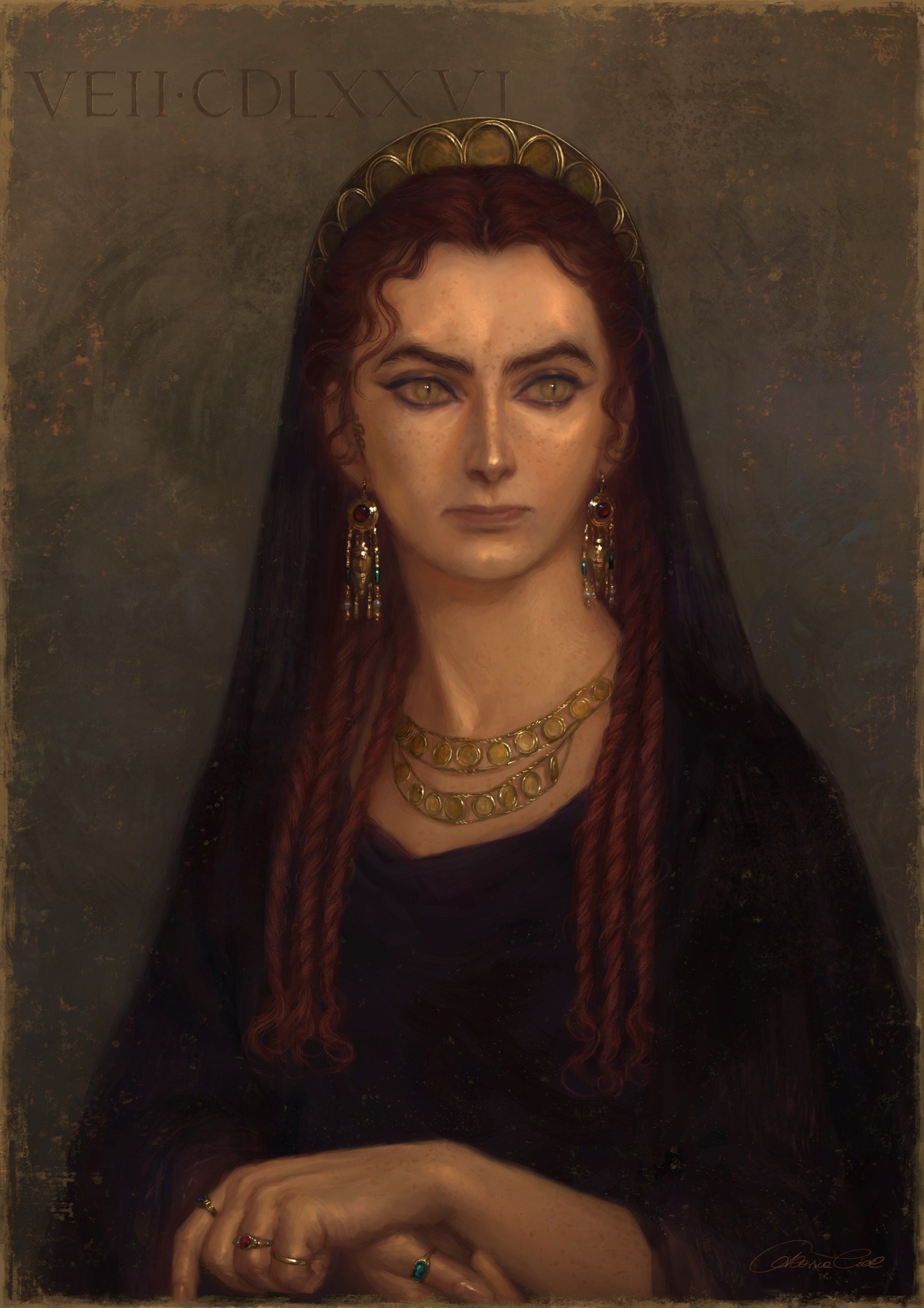 crowley (good omens), good omens, highres, 1girl, alessiacielart, black dress, demon girl, dress, earrings, expressionless, genderswap, genderswap (mtf), jewelry, long hair, red hair, slit pupils, solo, v-shaped eyebrows, yellow eyes