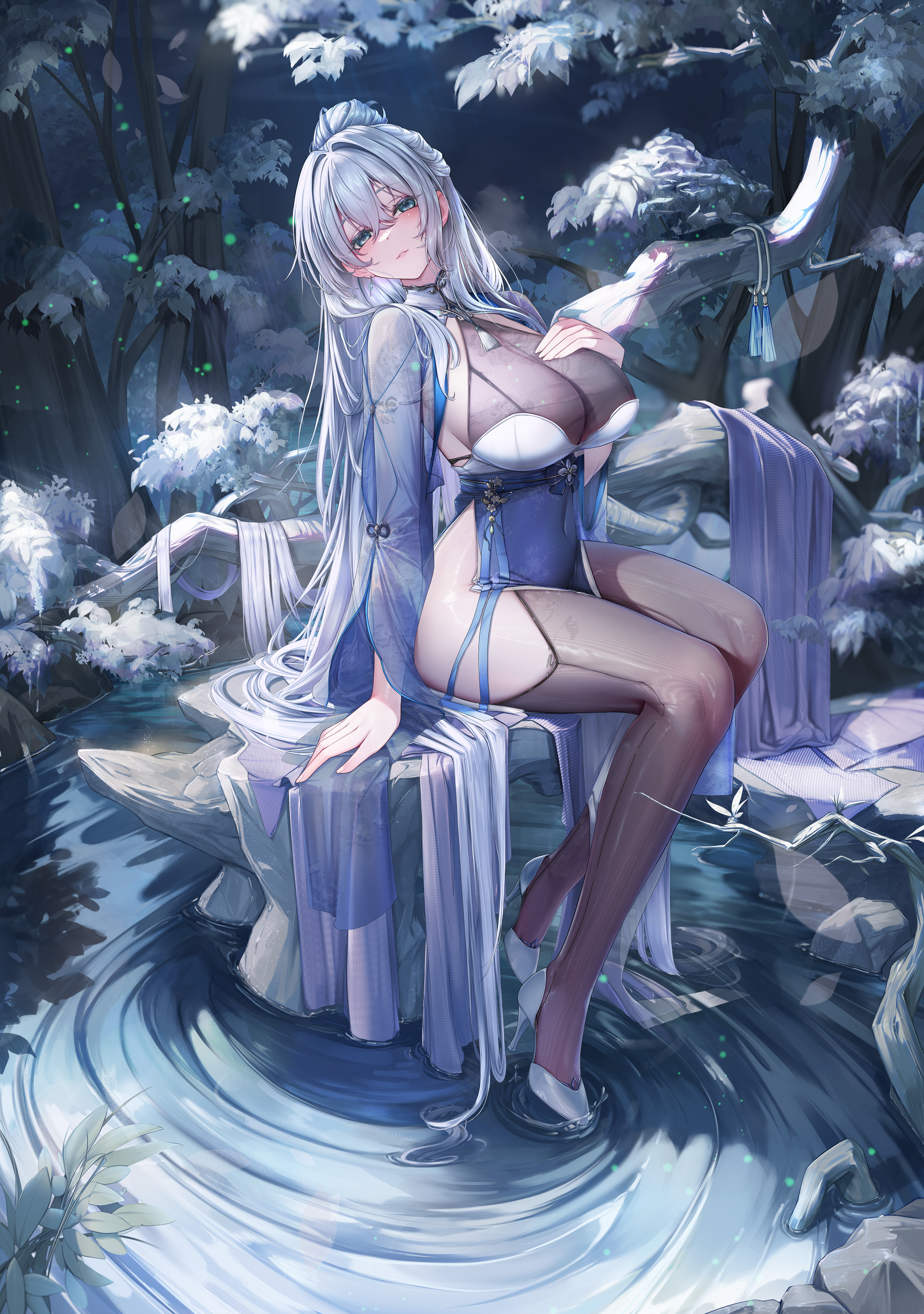lrrer, original, absurdres, highres, 1girl, animal, bird, black thighhighs, blue dress, blue eyes, blush, breasts, china dress, chinese clothes, cleavage, closed mouth, dress, green eyes, hair between eyes, hand on own chest, high heels, large breasts, long hair, long sleeves, looking at viewer, night, outdoors, pelvic curtain, ponytail, see-through cleavage, see-through clothes, shoes, sideboob, sitting, snow, solo, thighhighs, thighs, tree, very long hair, water, white hair, winter