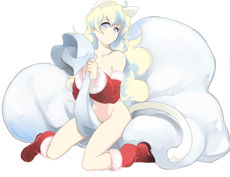 kanke (yonkuma), nia teppelin, tengen toppa gurren lagann, 00s, animal ears, cat ears, cat girl, cat tail, christmas, cross-shaped pupils, full body, kemonomimi mode, long hair, santa costume, simple background, solo, symbol-shaped pupils, tail, very long hair, white background