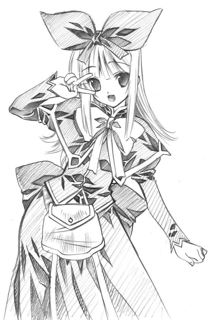 hinoeya kiuri, senomoto hisashi, coopa, druaga no tou, highres, 1girl, bow, female focus, gothic lolita, greyscale, hair bow, large bow, lolita fashion, monochrome, open mouth, simple background, solo, v, v over eye
