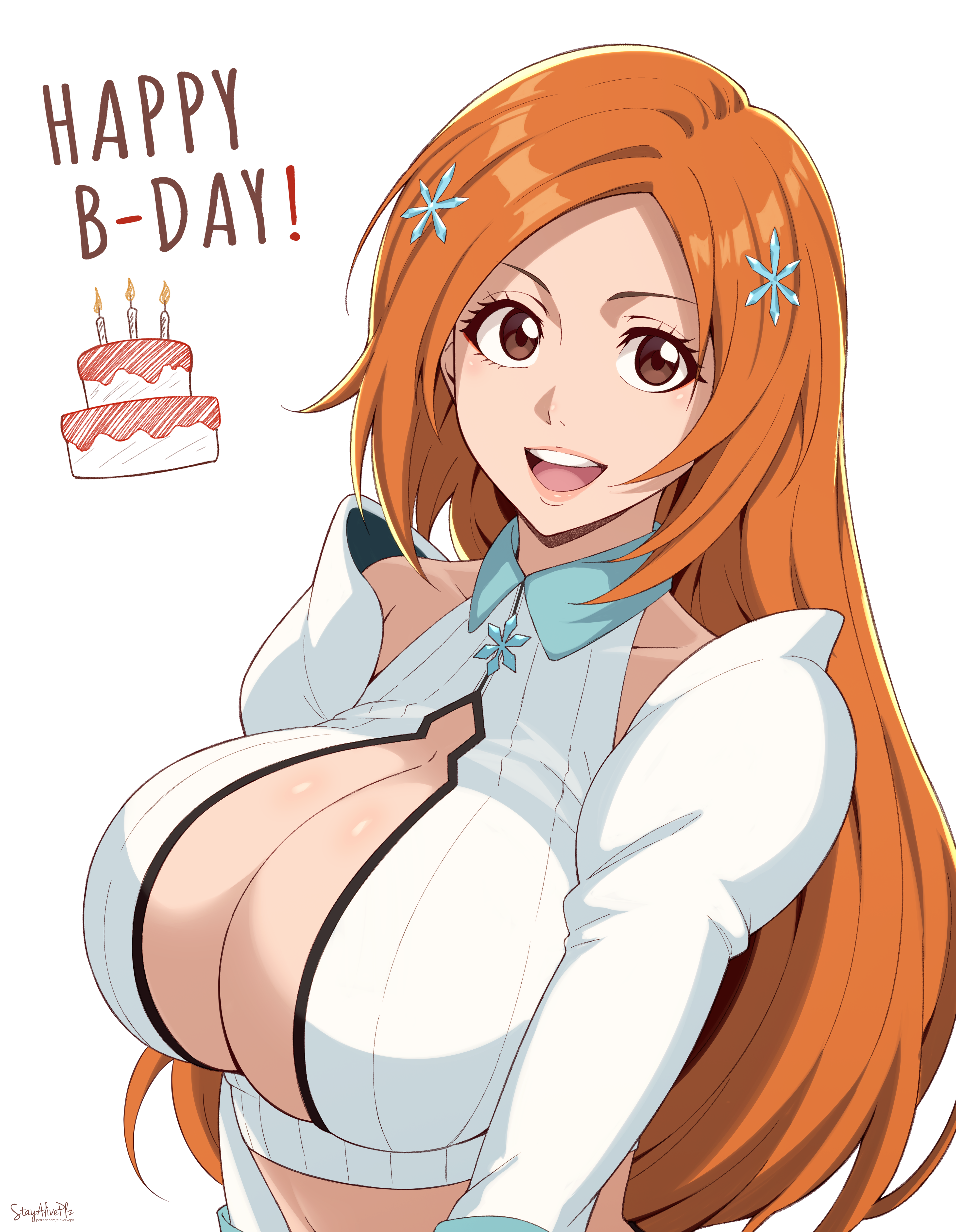 inoue orihime, bleach, bleach: sennen kessen-hen, tagme, 1girl, breasts, brown eyes, cleavage, cleavage cutout, clothing cutout, detached sleeves, hair ornament, large breasts, long hair, orange hair, simple background