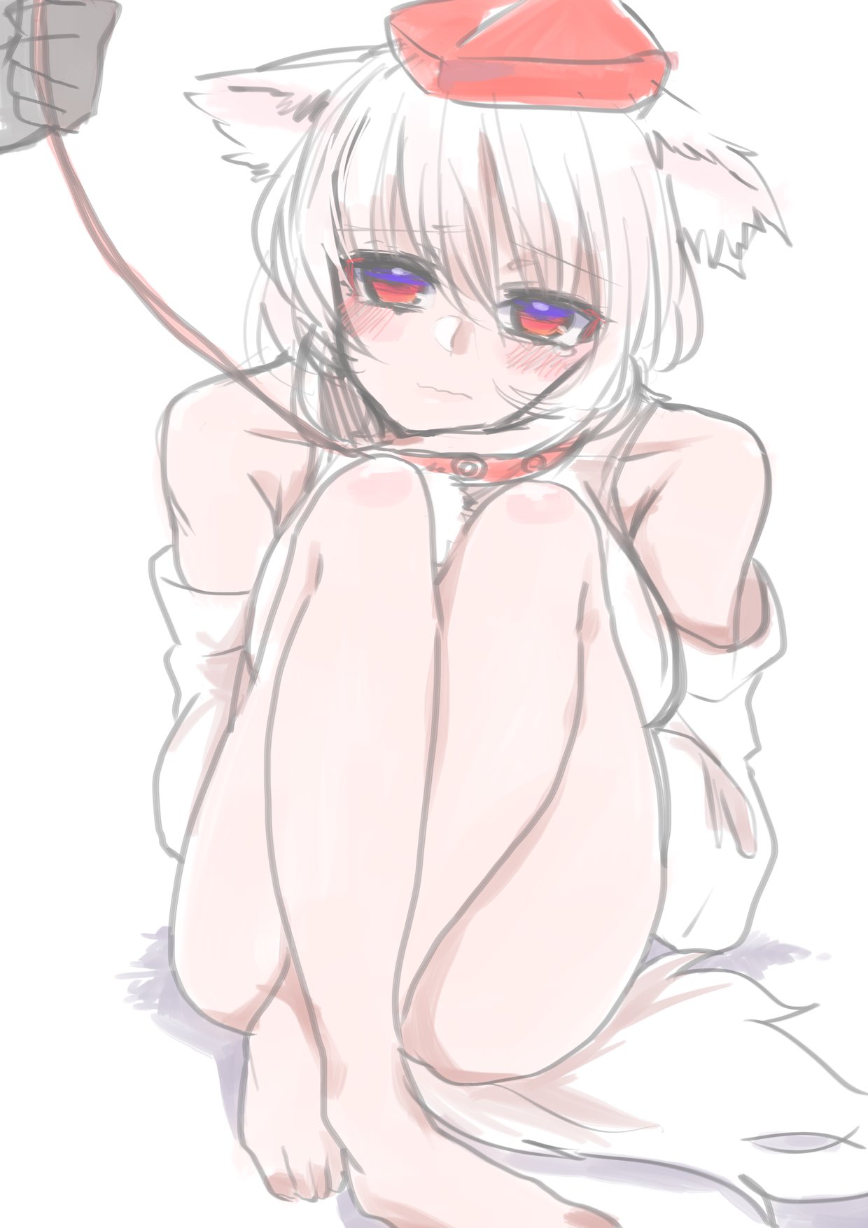 yoyoiro (sysi20), inubashiri momiji, touhou, commentary request, highres, 1girl, :s, animal ear fluff, animal ears, barefoot, closed mouth, collar, detached sleeves, disembodied hand, ears down, hat, holding, holding leash, knees up, leash, raised inner eyebrows, red collar, red eyes, red hat, shirt, short hair, simple background, sitting, swept bangs, tail, tokin hat, white background, white hair, white shirt, wolf ears, wolf girl, wolf tail