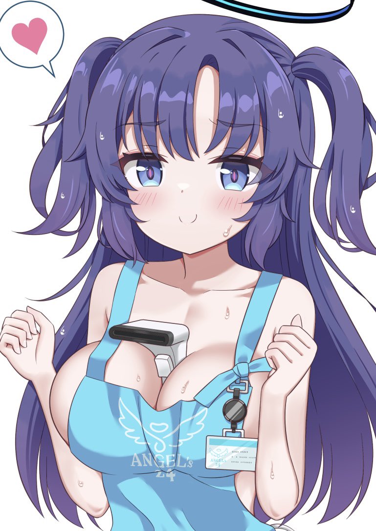 sainyan (strong7), yuuka (blue archive), blue archive, commentary, symbol-only commentary, 1girl, apron, barcode scanner, bare arms, bare shoulders, between breasts, black halo, blue eyes, breasts, closed mouth, collarbone, halo, hands up, heart, implied paizuri, lanyard, long hair, naked apron, name tag, purple hair, short twintails, simple background, solo, speech bubble, spoken heart, sweat, twintails, white background