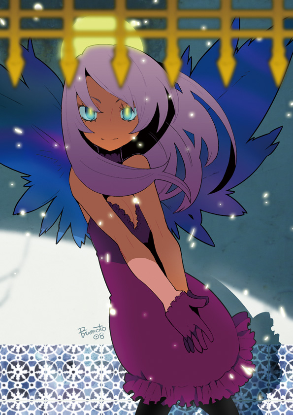 hamamoto ryuusuke, original, 1girl, blue eyes, dress, female focus, gloves, long hair, looking at viewer, pink hair, smile, snow, solo, wings