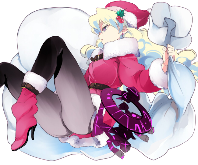 antispiral nia, nia teppelin, tengen toppa gurren lagann, multicolored legwear, santa boots, 00s, 1girl, belt, boots, buckle, christmas, earrings, female focus, fur boots, fur trim, gradient legwear, hair ornament, hat, high heel boots, high heels, holly, holly hair ornament, jewelry, mistletoe, pantyhose, profile, red boots, sack, santa costume, santa hat, shoes, solo, stud earrings