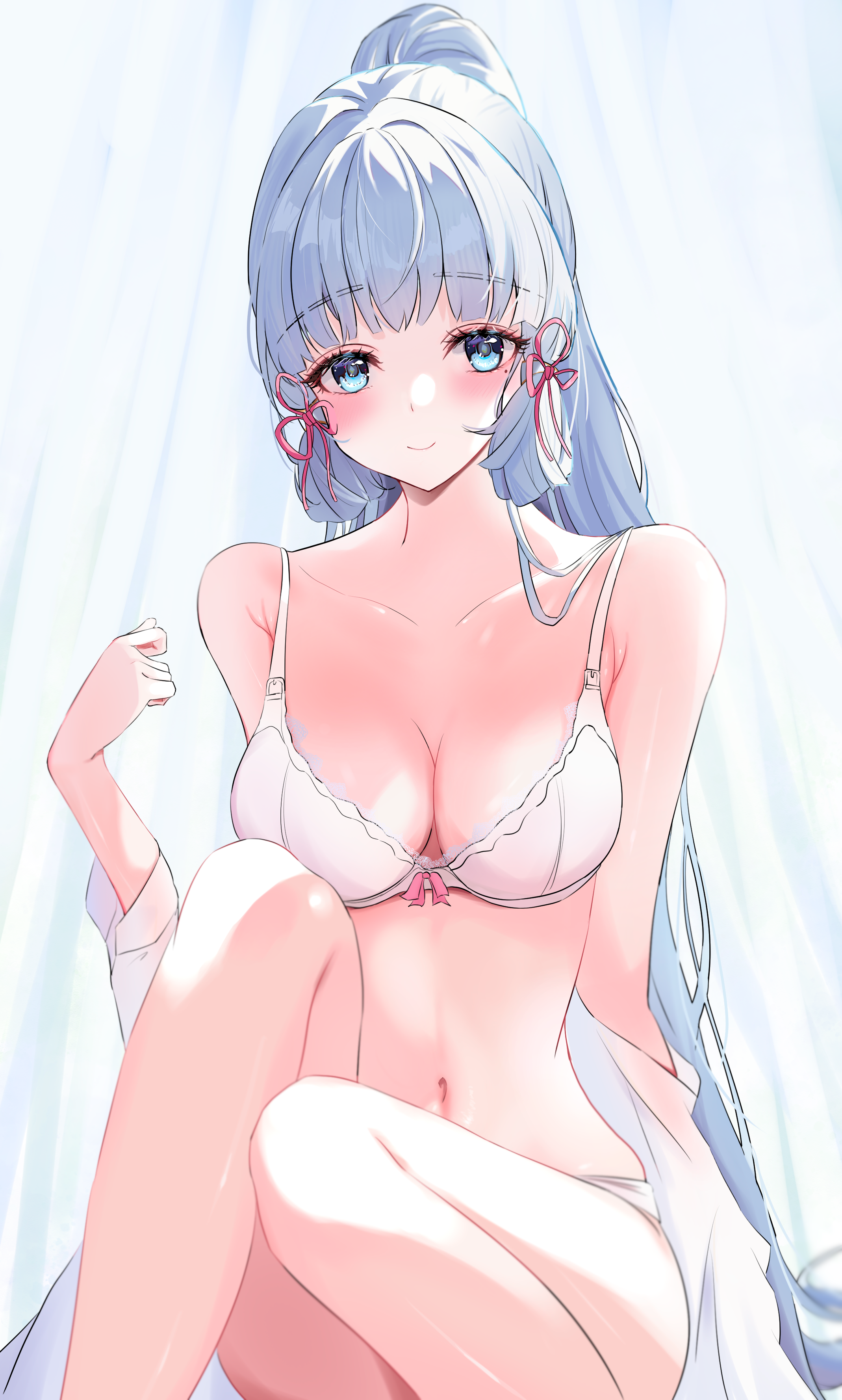 byakko 0410, ayaka (genshin impact), genshin impact, absurdres, highres, 1girl, alternate costume, aqua eyes, aqua hair, blush, bra, breasts, cleavage, closed mouth, collarbone, long hair, medium breasts, mole, mole under eye, navel, panties, ponytail, sidelocks, smile, solo, stomach, underwear, very long hair, white bra