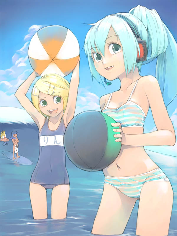 akinbo (hyouka fuyou), hatsune miku, kagamine rin, vocaloid, 2girls, aqua hair, bikini, clothes writing, multiple girls, name tag, ocean, one-piece swimsuit, school swimsuit, see-through clothes, striped bikini, striped clothes, swimsuit