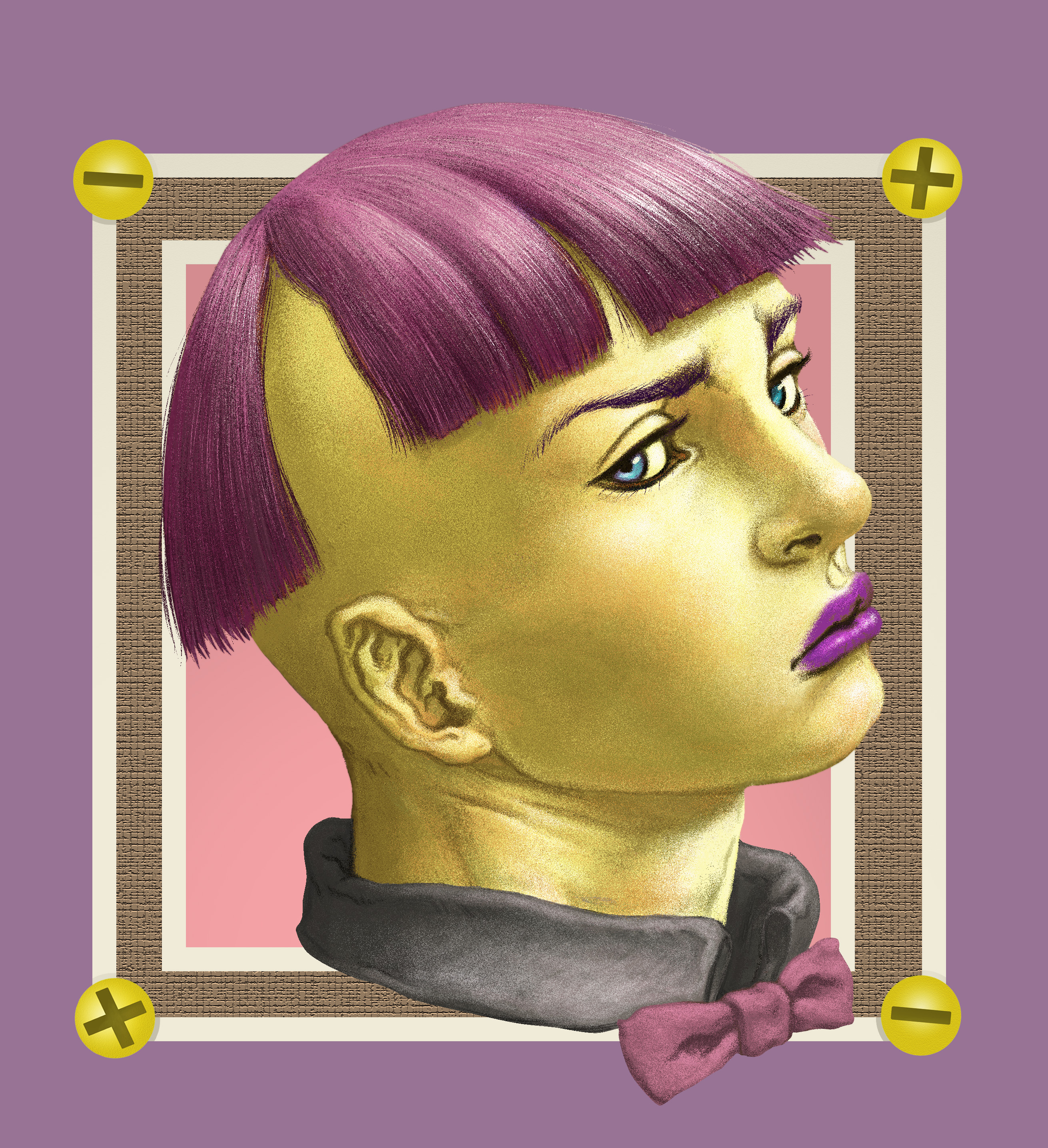 user zwnh8824, higashikata joshu, jojo no kimyou na bouken, jojolion, absurdres, commentary request, highres, 1boy, blue eyes, blunt bangs, border, bow, bowtie, colored skin, cropped shoulders, from side, high collar, makeup, male focus, mohawk, nut (hardware), pink bow, pink bowtie, portrait, purple hair, purple lips, solo, yellow skin
