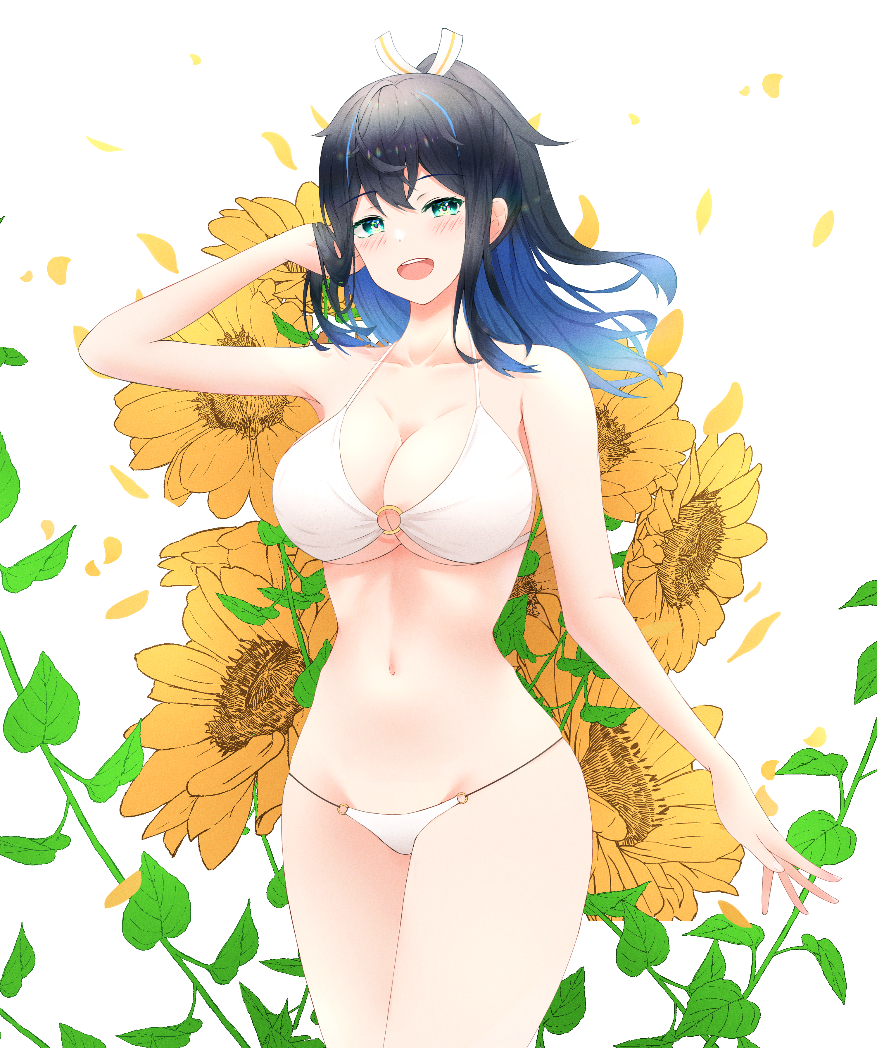 voi 271, gundam extreme vs. 2, gundam n-extreme, absurdres, highres, variant set, 1girl, bikini, black hair, blue hair, breasts, cleavage, collarbone, colored inner hair, cowboy shot, falling petals, flower, gradient hair, green eyes, groin, hair ribbon, halterneck, happy, holding, holding own hair, kano clans, large breasts, leaf, light blush, linea alba, looking at viewer, multicolored hair, narrow waist, navel, o-ring, o-ring bikini, open mouth, petals, ponytail, ribbon, sidelocks, simple background, solo, string bikini, sunflower, swimsuit, teeth, upper teeth only, white background, white bikini, white ribbon, wide hips