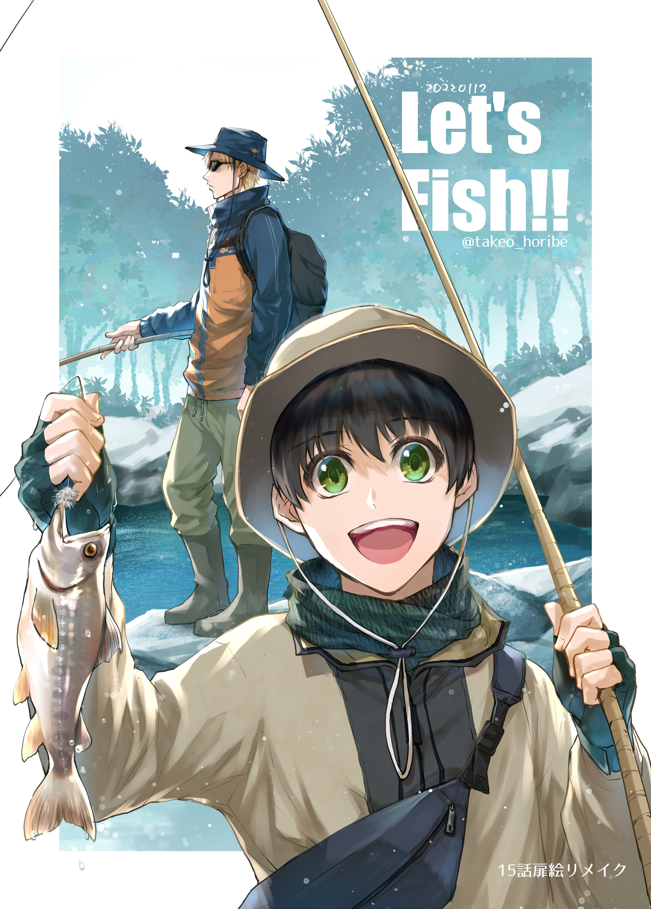 takeo horibe, original, absurdres, highres, making-of available, 2boys, :d, animal, black gloves, black hair, blonde hair, boots, brown hat, brown jacket, dated, day, english text, fanny pack, fingerless gloves, fish, fish hat ornament, fishing rod, gloves, green eyes, hat, hat ornament, holding, holding animal, holding fish, jacket, multiple boys, open mouth, outdoors, rock, short sleeves, smile, standing, sun hat, sunglasses, tree, water