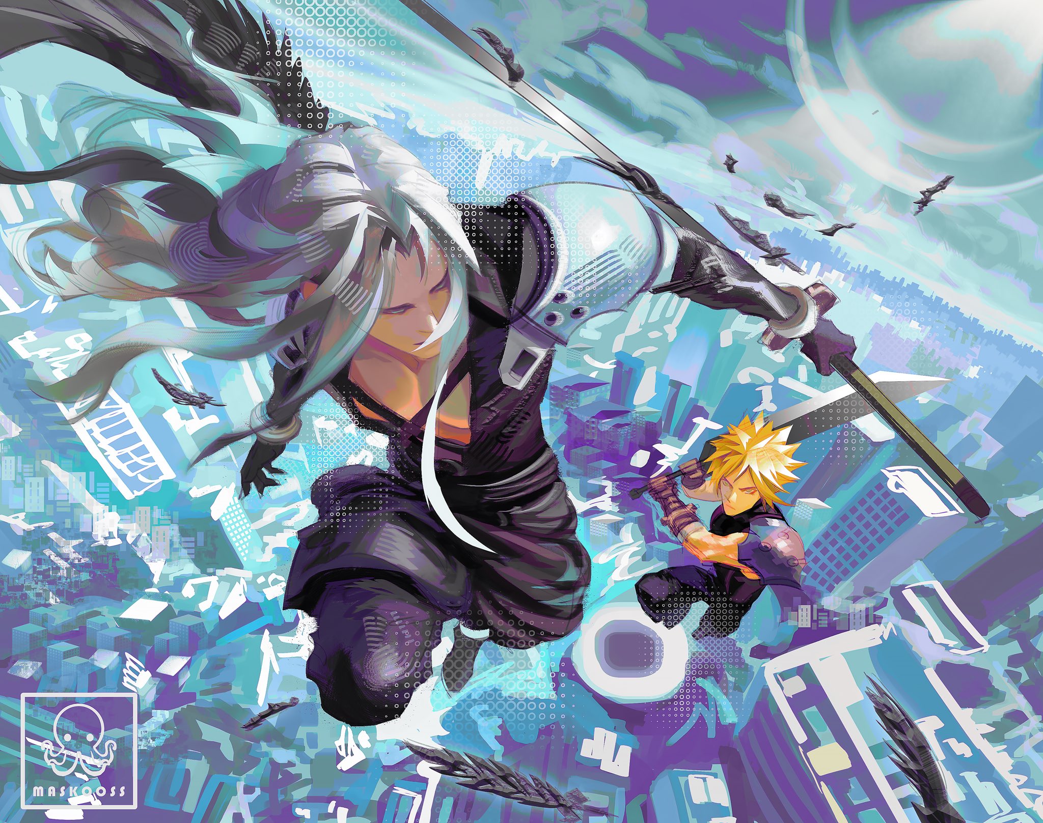 maskoo185826, cloud strife, sephiroth, final fantasy, final fantasy vii, final fantasy vii remake, commentary, hashtag-only commentary, highres, 2boys, armor, artist name, battle, belt, black belt, black boots, black coat, black feathers, black gloves, black pants, black wings, blonde hair, boots, bracer, brown gloves, building, chest strap, city, cityscape, cloud, cloudy sky, coat, day, falling feathers, feathered wings, feathers, flying, foreshortening, full body, glaring, gloves, grey hair, hair intakes, holding, holding sword, holding weapon, jumping, katana, knee up, light smile, long bangs, long hair, long sleeves, looking back, looking down, male focus, masamune (ff7), multiple boys, open clothes, open coat, outdoors, pants, parted bangs, pauldrons, serious, short hair, shoulder armor, single pauldron, single wing, sky, skyscraper, spiked hair, sunlight, sword, toned, toned male, watermark, weapon, wings