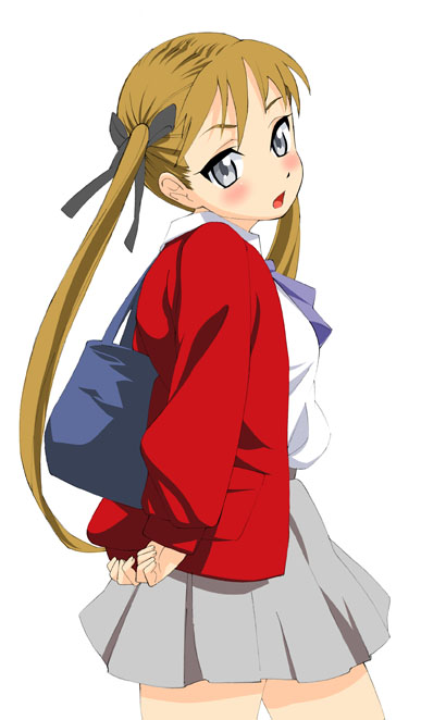 mario (mario portal), bad id, bad pixiv id, 1girl, bag, blonde hair, blush, female focus, grey eyes, long hair, school uniform, serafuku, solo, twintails