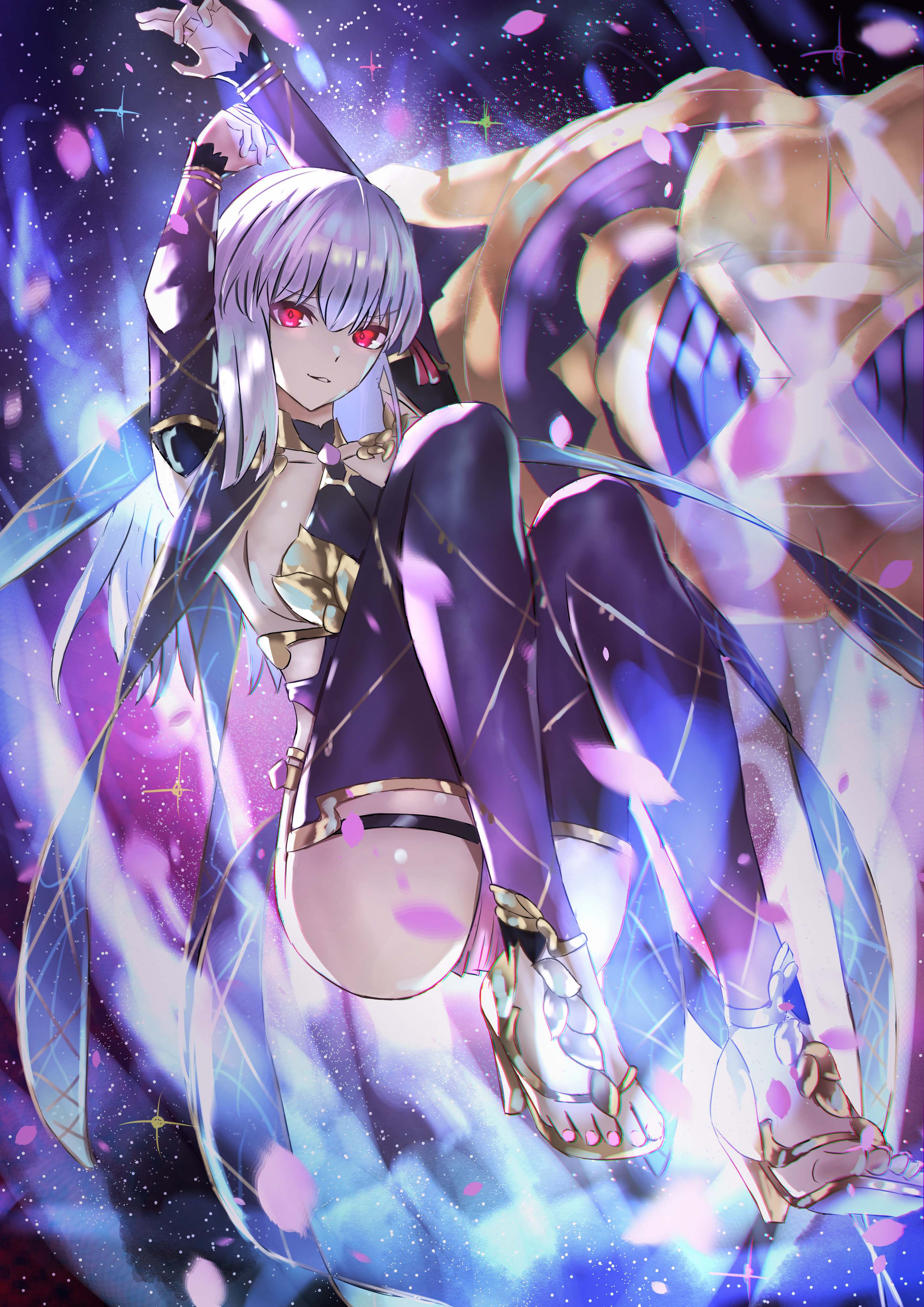 thcj8423, kama (assassin) (second ascension) (fate), kama (fate), kama (second ascension) (fate), kama (teenager) (fate), fate/grand order, fate (series), absurdres, commentary, highres, 1girl, breasts, dress, full body, hair ribbon, long hair, looking at viewer, medium breasts, purple dress, purple thighhighs, red eyes, red ribbon, ribbon, smile, solo, space, thighhighs, white hair