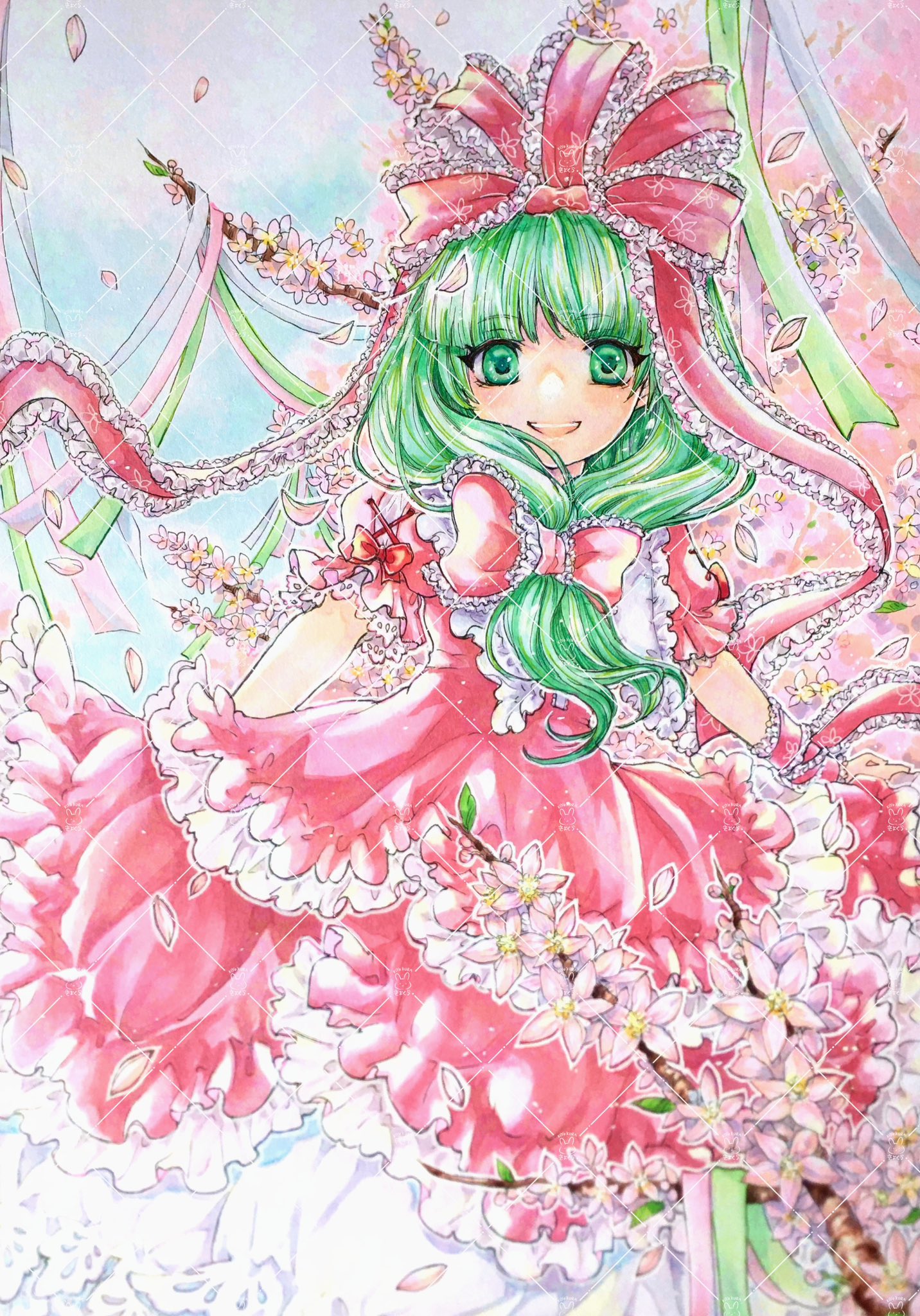 papapapappa123, kagiyama hina, touhou, highres, marker (medium), traditional media, 1girl, blunt bangs, bow, branch, dress, flower, frilled dress, frills, front ponytail, green eyes, green hair, hair bow, hair ribbon, lace trim, long hair, looking at viewer, red bow, red dress, red ribbon, ribbon, smile, solo, teeth, upper teeth only