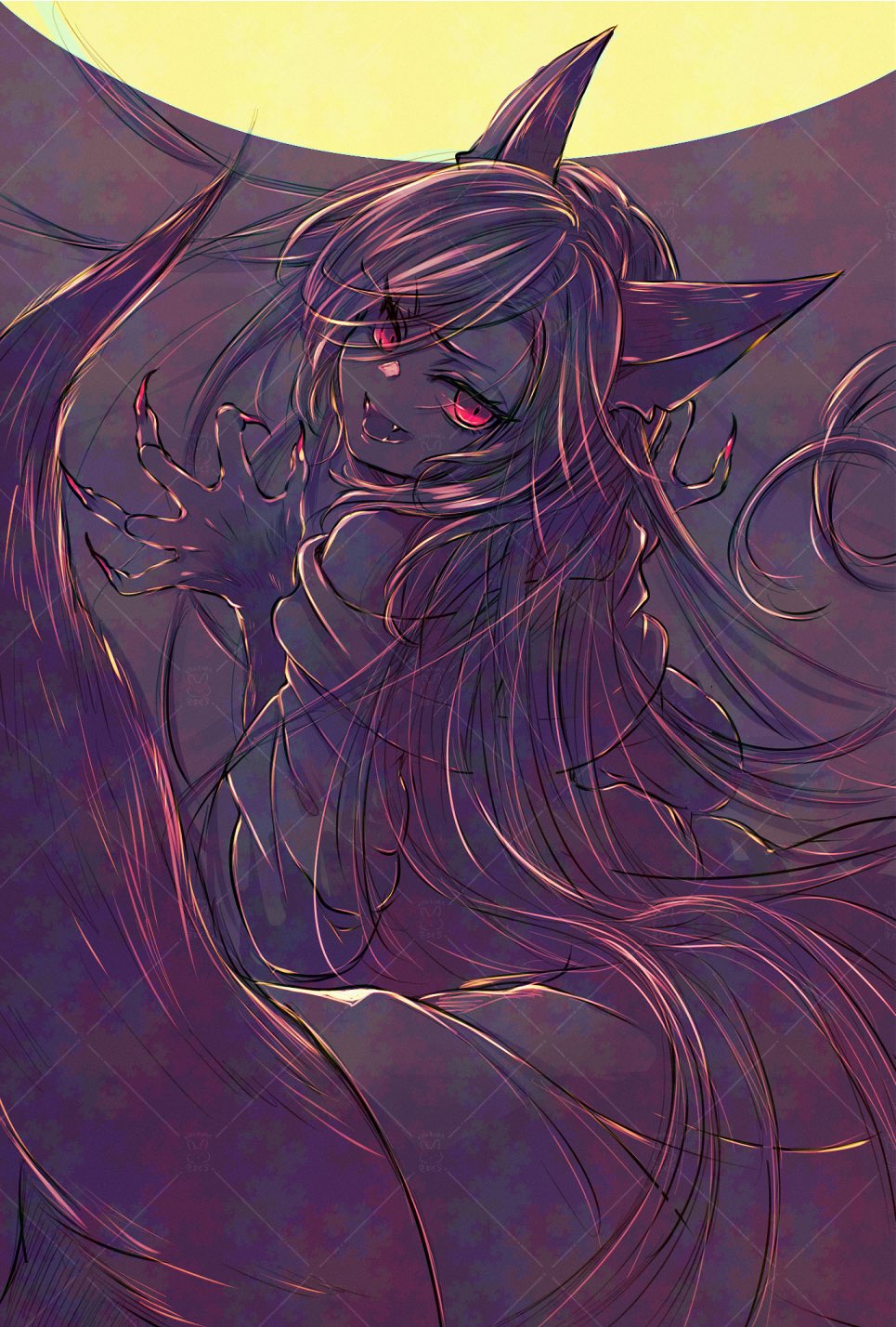 papapapappa123, imaizumi kagerou, touhou, highres, marker (medium), traditional media, 1girl, animal ears, bare shoulders, fingernails, full moon, long fingernails, long hair, looking back, moon, partially colored, red eyes, smile, solo, tail, wolf ears, wolf girl, wolf tail