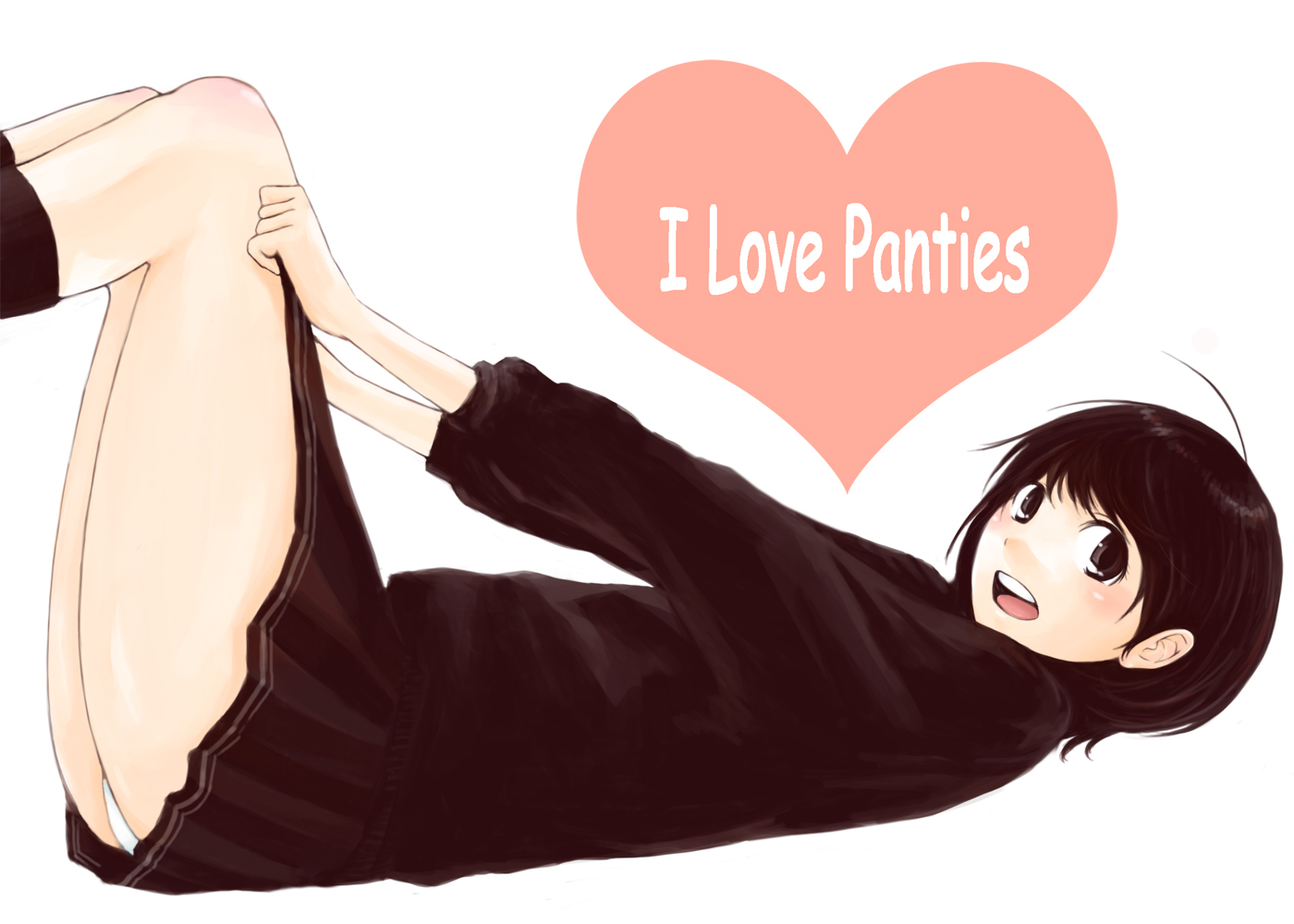 okamocheese, 1girl, black eyes, black hair, english text, female focus, happy, heart, legs up, lying, panties, pantyshot, short hair, skirt, solo, underwear