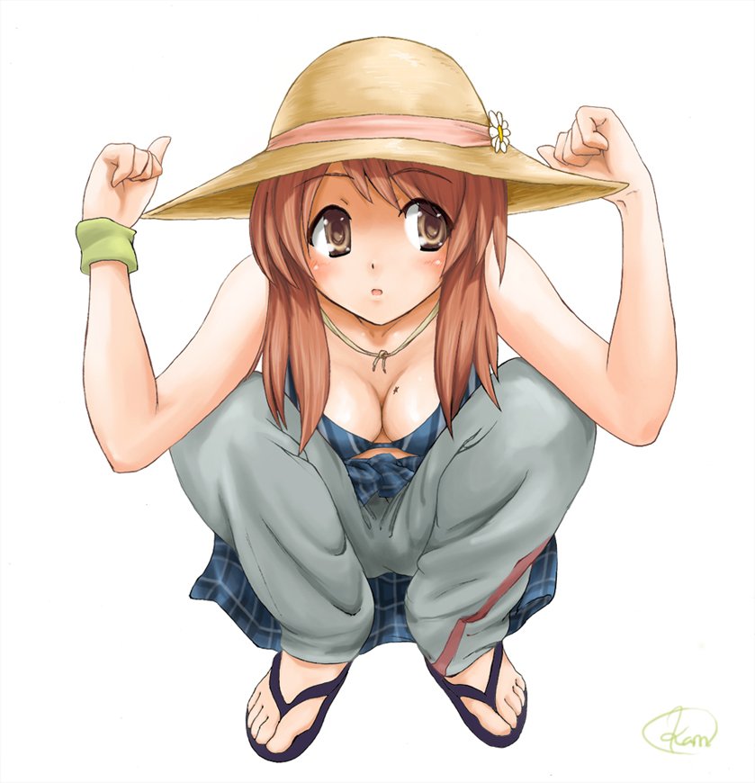 okamocheese, asahina mikuru, original, suzumiya haruhi no yuuutsu, bad id, bad pixiv id, 00s, 1girl, bra, breasts, brown eyes, brown hair, cleavage, feet, female focus, flip-flops, hat, lingerie, long hair, mole, mole on breast, sandals, solo, squatting, straw hat, underwear