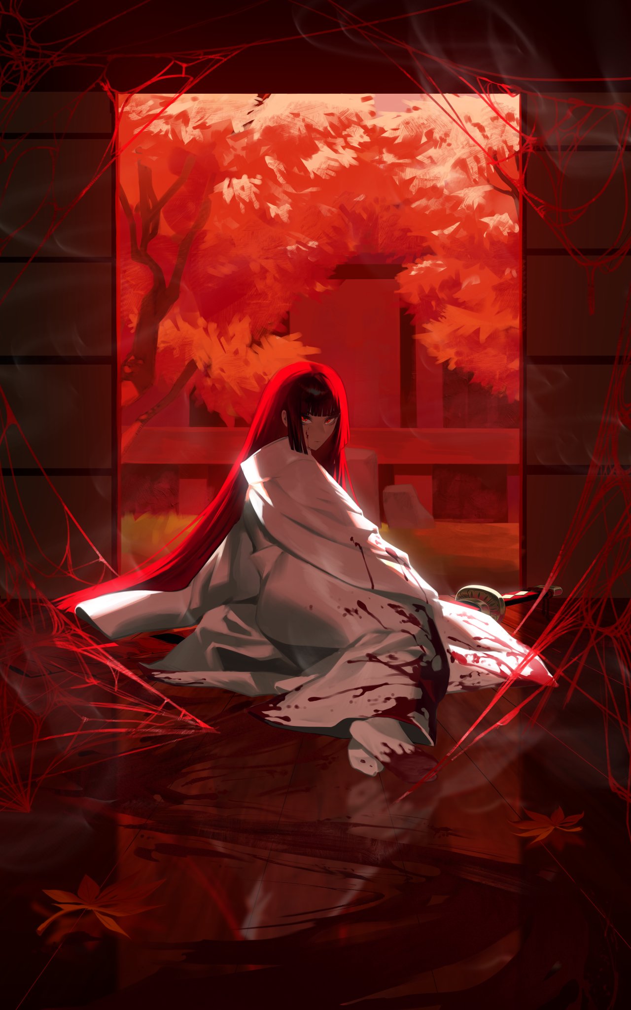 ryoshu (project moon), limbus company, project moon, highres, 1girl, black hair, blood, blood on clothes, blood on face, blunt bangs, closed mouth, hai000 0, indoors, japanese clothes, katana, kimono, leaf, long hair, long sleeves, looking at viewer, maple leaf, red eyes, silk, smoke, solo, spider web, sword, tabi, tree, weapon, white kimono, wide sleeves