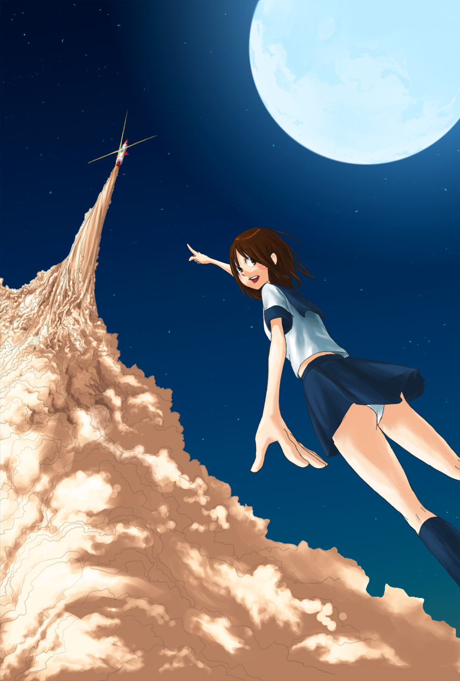 okamocheese, bad id, bad pixiv id, highres, brown eyes, brown hair, moon, night, panties, pointing, school uniform, serafuku, short hair, smoke, space shuttle, spacecraft, star (symbol), underwear