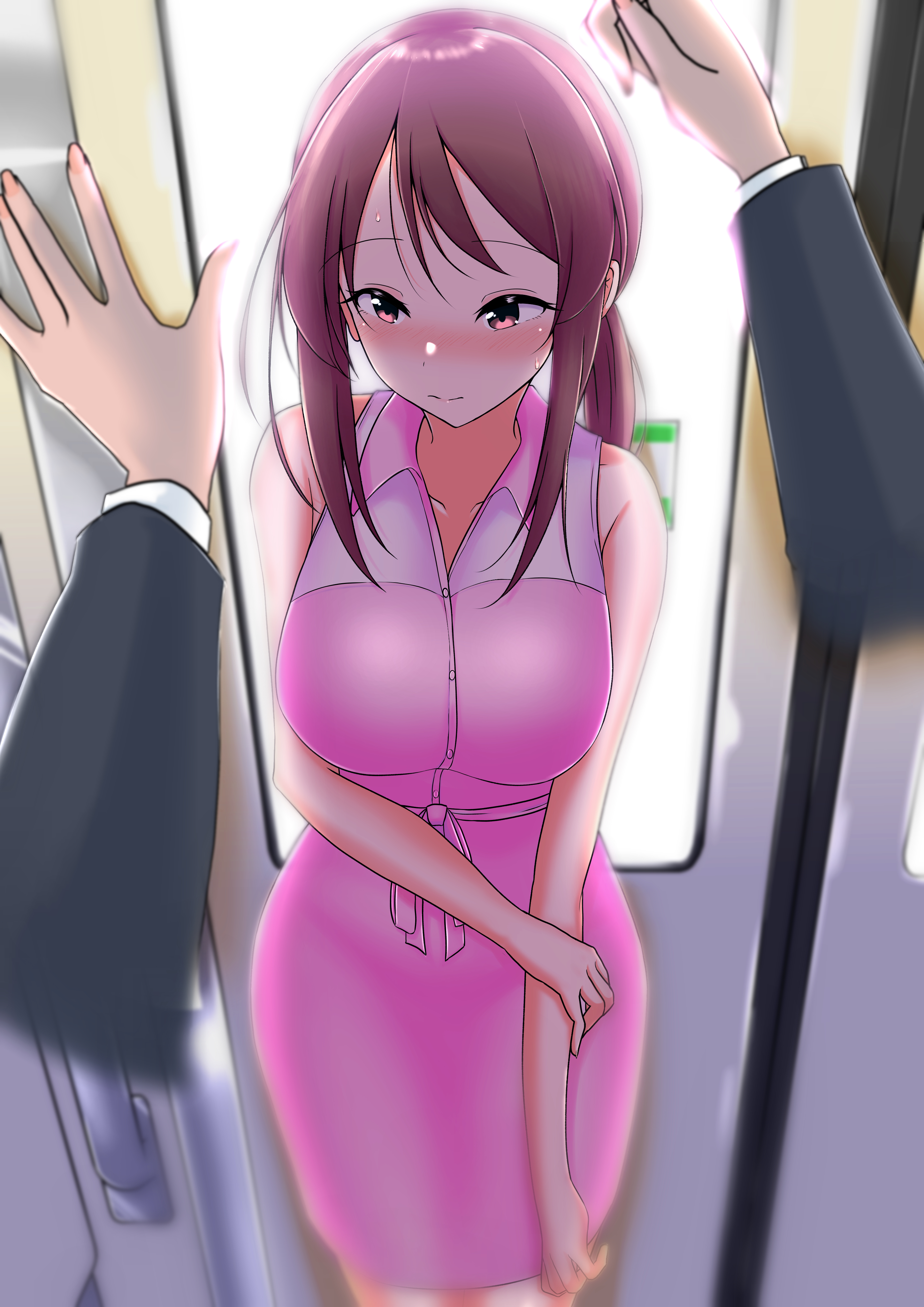 motodouryou, mifune miyu, idolmaster, idolmaster cinderella girls, absurdres, highres, 1boy, 1girl, blush, breasts, brown eyes, brown hair, dress, embarrassed, large breasts, nose blush, pink dress, ponytail, pov, pov hands, sidelocks, sleeveless, sleeveless dress, sweatdrop, train interior, window