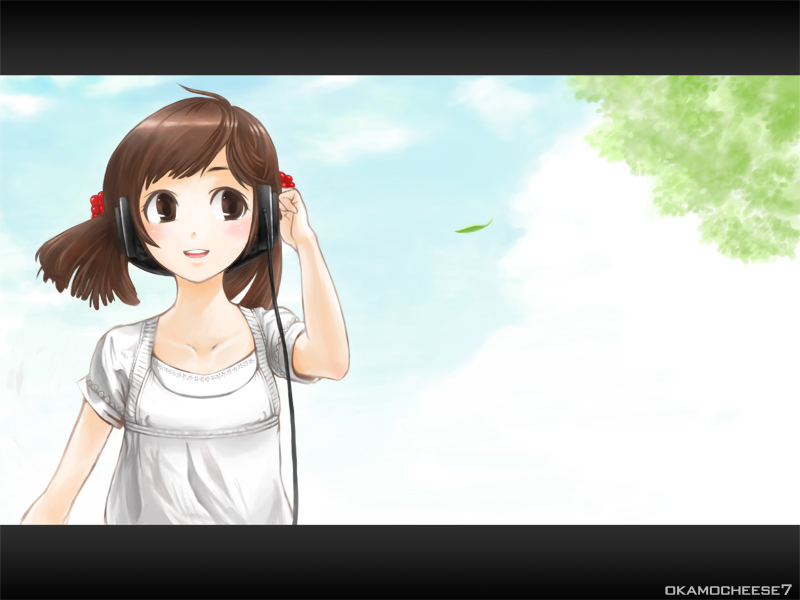 okamocheese, bad id, bad pixiv id, brown eyes, brown hair, headphones, letterboxed, short hair, solo, twintails, wind