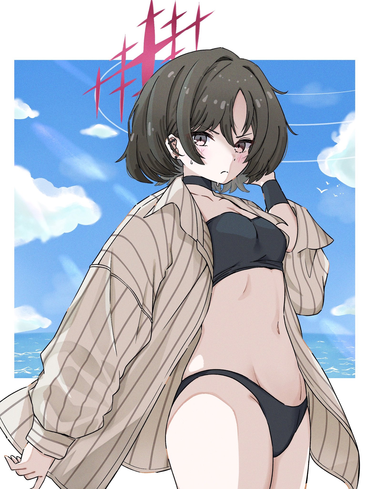 misaki (blue archive), misaki (swimsuit) (blue archive), blue archive, commentary request, highres, 1girl, bikini, black bikini, black choker, black hair, blue sky, border, breasts, brown eyes, choker, cloud, cowboy, cowboy shot, frown, fu mi chazuke, halo, light blush, looking at viewer, medium breasts, navel, ocean, official alternate costume, outside border, pinstripe pattern, pinstripe shirt, shirt, short hair, sky, solo, stomach, striped clothes, striped shirt, swimsuit, vertical-striped clothes, vertical-striped shirt, western, white border