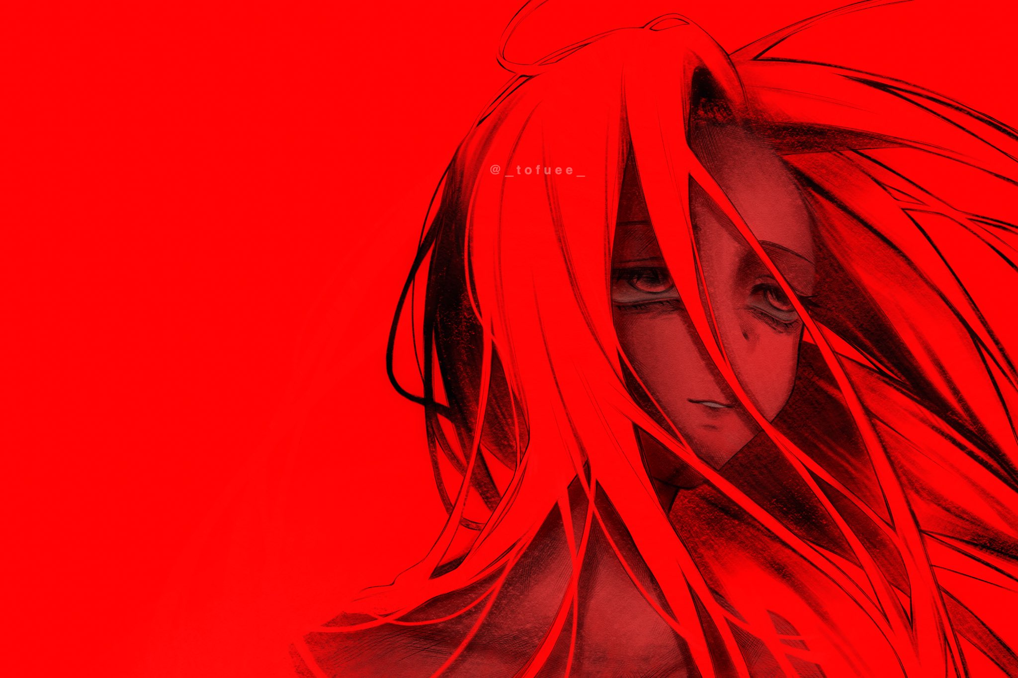 tofuee, mizi (alien stage), alien stage, commentary, english commentary, highres, 1girl, artist name, floating hair, long hair, looking up, monochrome, parted lips, red hair, red theme, solo, yellow eyes