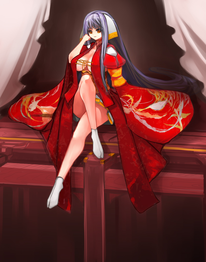 pupps, original, pixiv fantasia, pixiv fantasia 1, 1girl, breasts, cleavage, crossed legs, female focus, huge breasts, japanese clothes, kimono, lace, legs, long hair, long legs, open clothes, open robe, purple hair, red eyes, robe, sitting, socks, solo, tabi, thighs, very long hair
