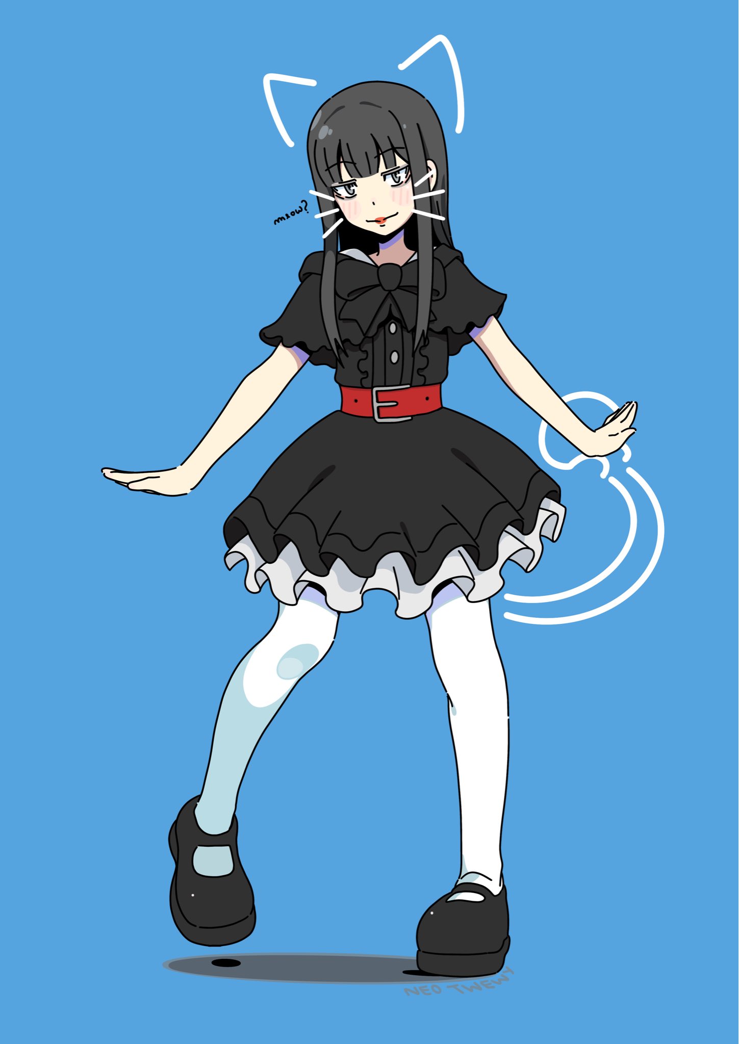 spaghetto087, sakurane shoka, shin subarashiki kono sekai, subarashiki kono sekai, commentary, english commentary, highres, 1girl, alternate costume, animal ears, arms at sides, belt, black bow, black dress, black hair, black shoes, blue background, bow, cat ears, closed mouth, drawn ears, drawn tail, drawn whiskers, dress, english text, frilled dress, frills, full body, grey eyes, long hair, looking at viewer, pantyhose, red lips, shoes, smile, solo, standing, white pantyhose
