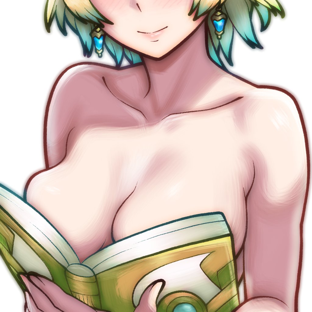 rotomdocs, ssgprt, fjorm (fire emblem), fire emblem, fire emblem heroes, nintendo, 1girl, aqua hair, blonde hair, boobs in book (meme), book, breasts, collarbone, earrings, eyes out of frame, head out of frame, holding, holding book, jewelry, large breasts, meme, open book, simple background, smile, solo, upper body, white background